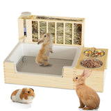 Chloraeon 4-in-1 Waterproof Wooden Rabbit Litter Box with Hay Feeder, 2 Food Bowls, and Water Bottle | Large Capacity, Waste-Preventing Design for Rabbits, Guinea Pigs, Chinchillas, and Small Animals