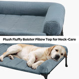 Veehoo Orthopedic Elevated Dog Bed with Fluffy Plush Bolster Cushion, Indoor Raised Dog Beds for Large Dogs, Soft Pet Sofa Cot with Removable Washable Mat, No-Slip Feet, 42 x 30 inches, Haze Blue