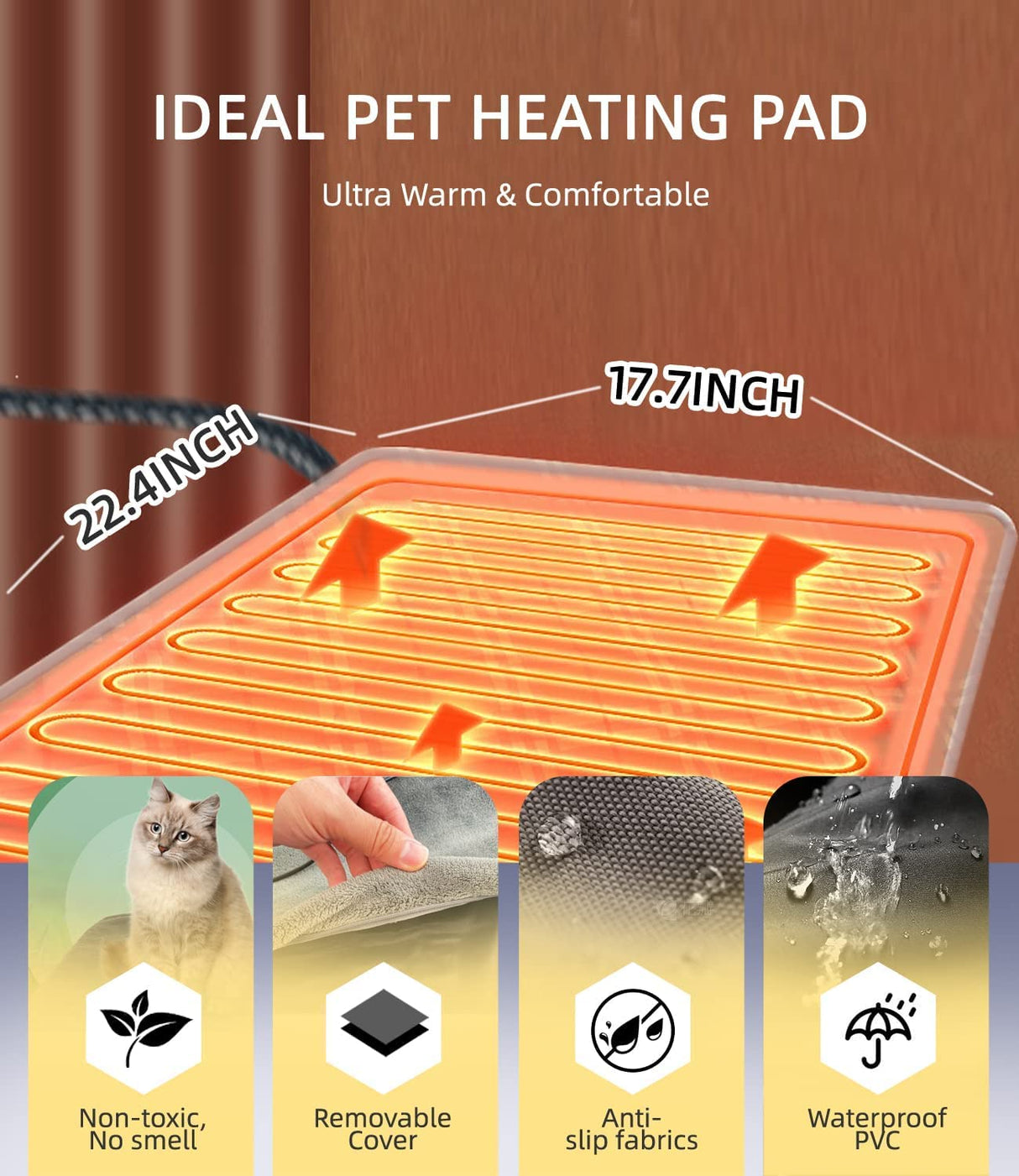 uncn Dog Cat Heating Pad Pressure Activated 18 X 22 Pet Heat Pack Automatic Electric Heated Bed Mat for Indoor Warming Pad Chew Resistant Cord, Adjustable Temperature Waterproof Washable
