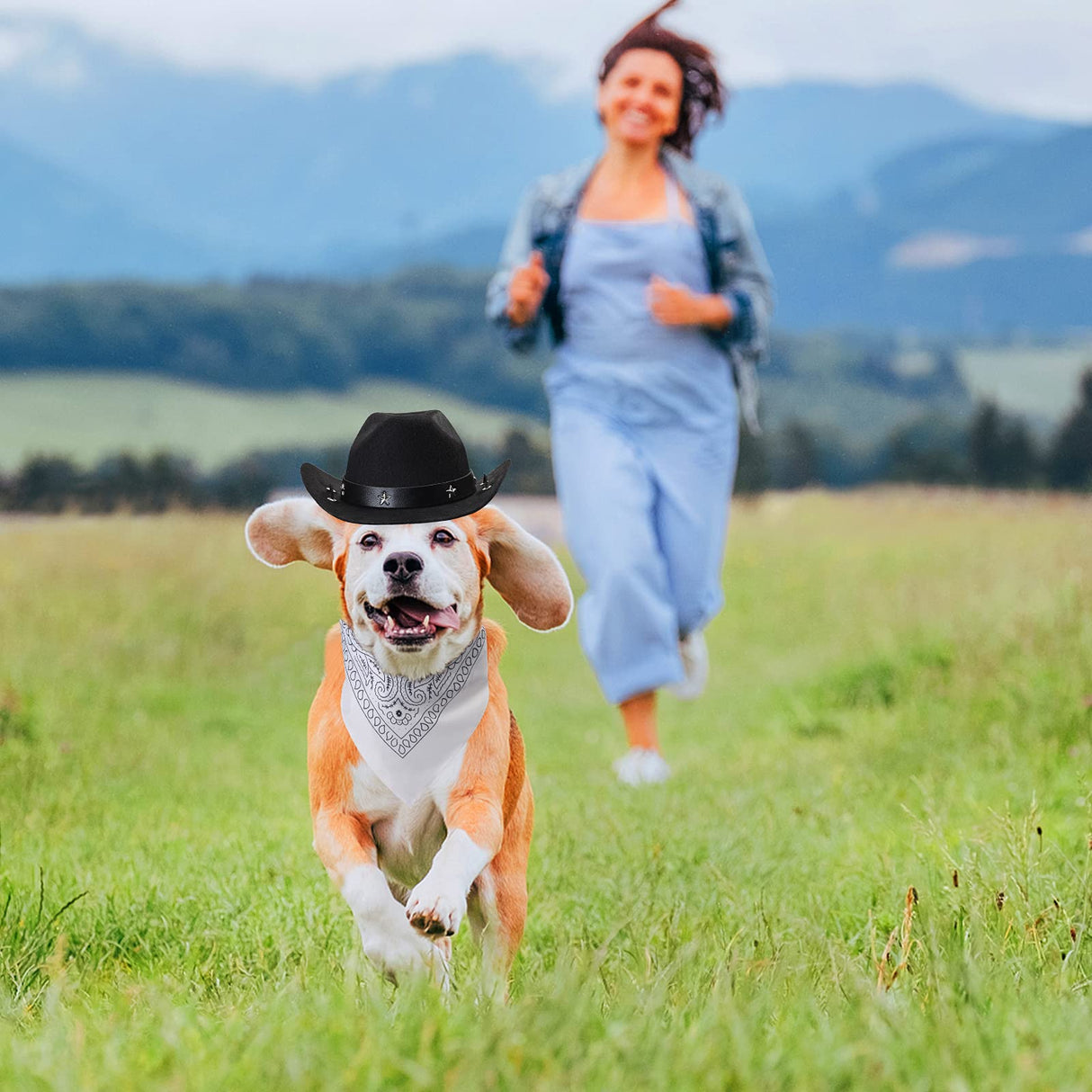 Yewong Pet Cowboy Costume Accessories - Dog Cat Pet Size Cowboy Hat and Bandana Scarf West Accessories for Puppy Kitten Party Festival and Daily Wearing Set of (Black Hat+White Bandana)