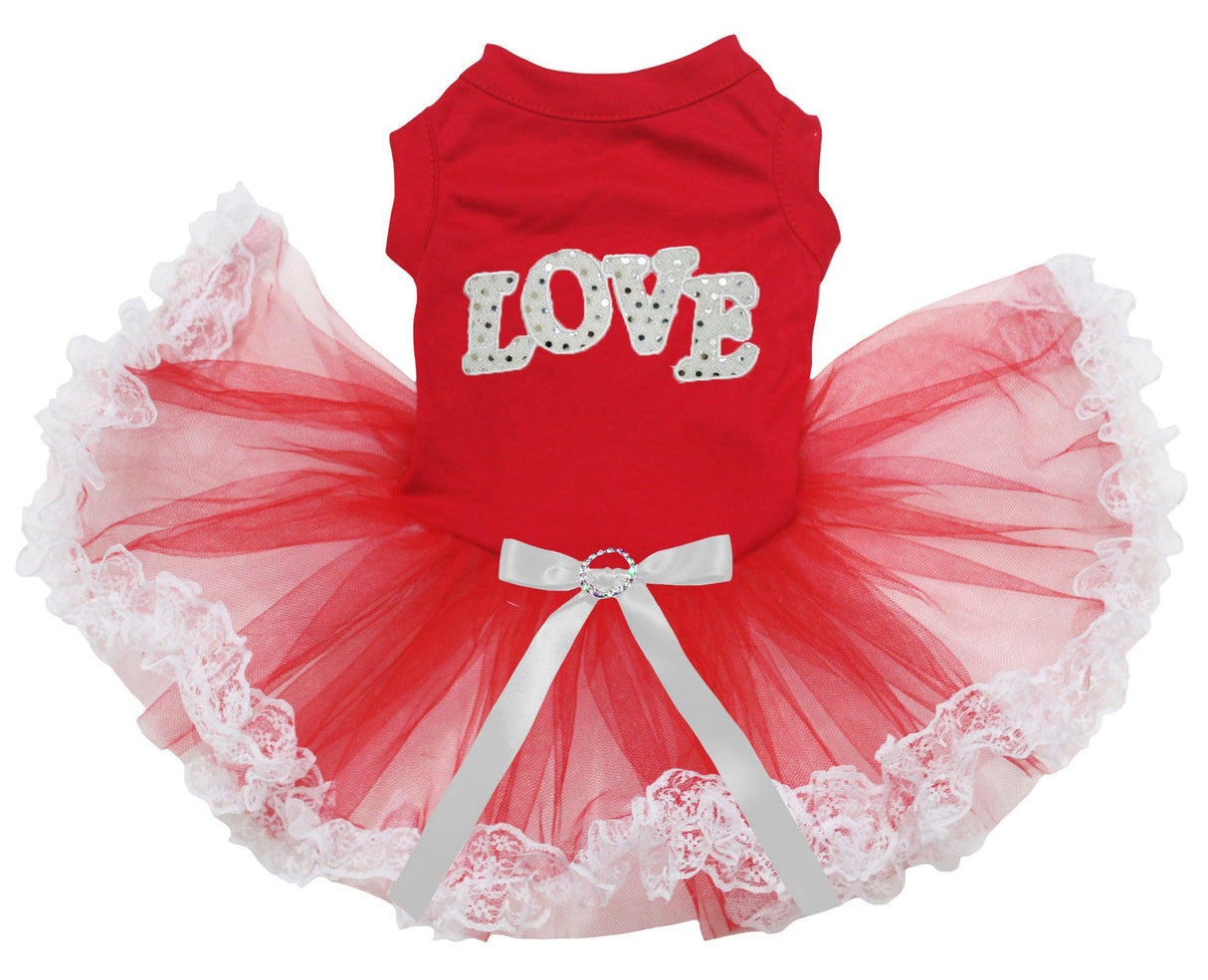Petitebella Sequins Love Puppy Dog Dress (Red/Red White Lace, Small)