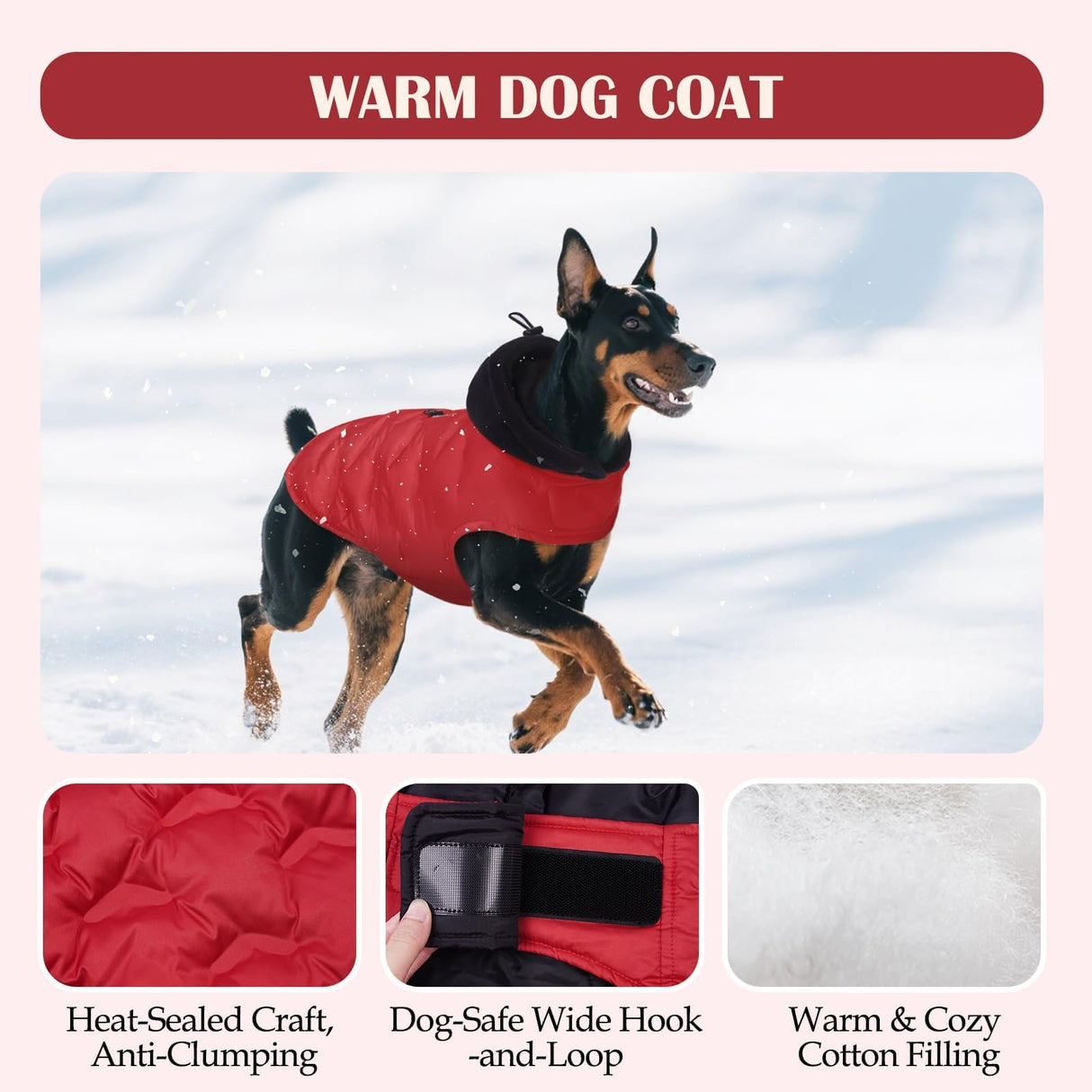 DORA BRIDAL Dog Puffer Coat, Warm Dog Jacket with Hood, Reflective Dogs Cold Weather Coats Pet Winter Vest for Medium Dogs, Pet Winter Vest, Red, M