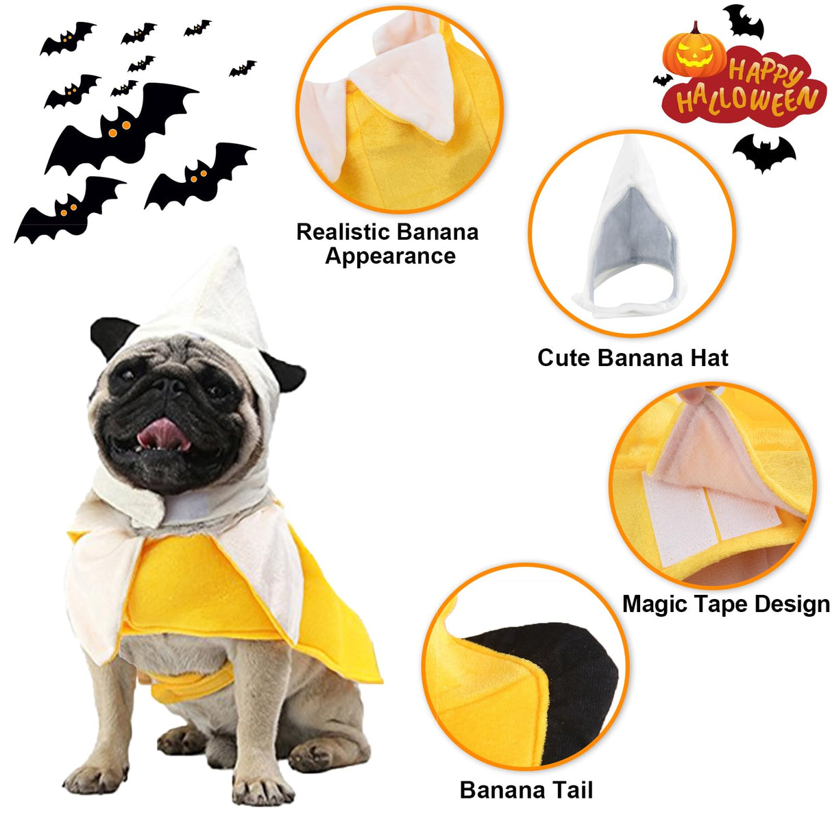 Banana Dog Costume - Funny Halloween Cosplay Jumpsuit Fashion Dress for Puppy to Large Dogs - Special Events Photo Props Accessories