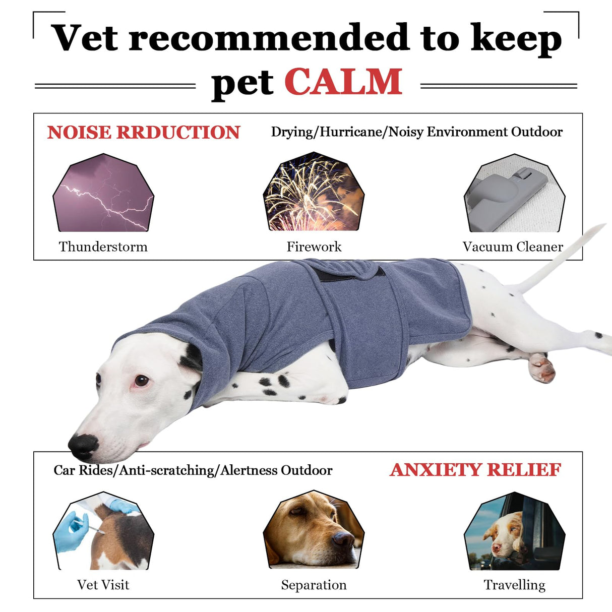 ROZKITCH Anxiety Vest for Dog, Pet Neck Wrap with Hoodie Shirt Soft Ears Cover, Thunder Jacket for Dogs Anxiety for Fireworks Travel Vet Visit 4th of July Holiday Christmas Blue L