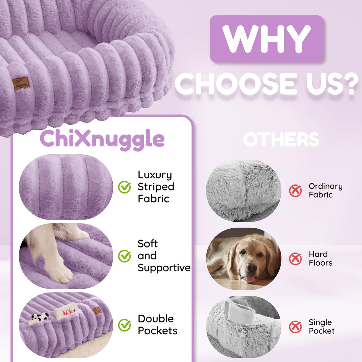 ChiXnuggle Human Dog Bed for Adult - Luxury Striped Faux Fur Giant Dog Bed with Portable Handle, Egg Orthopedic Foam Pad with Thick Blanket, 72"x40"x10", Purple