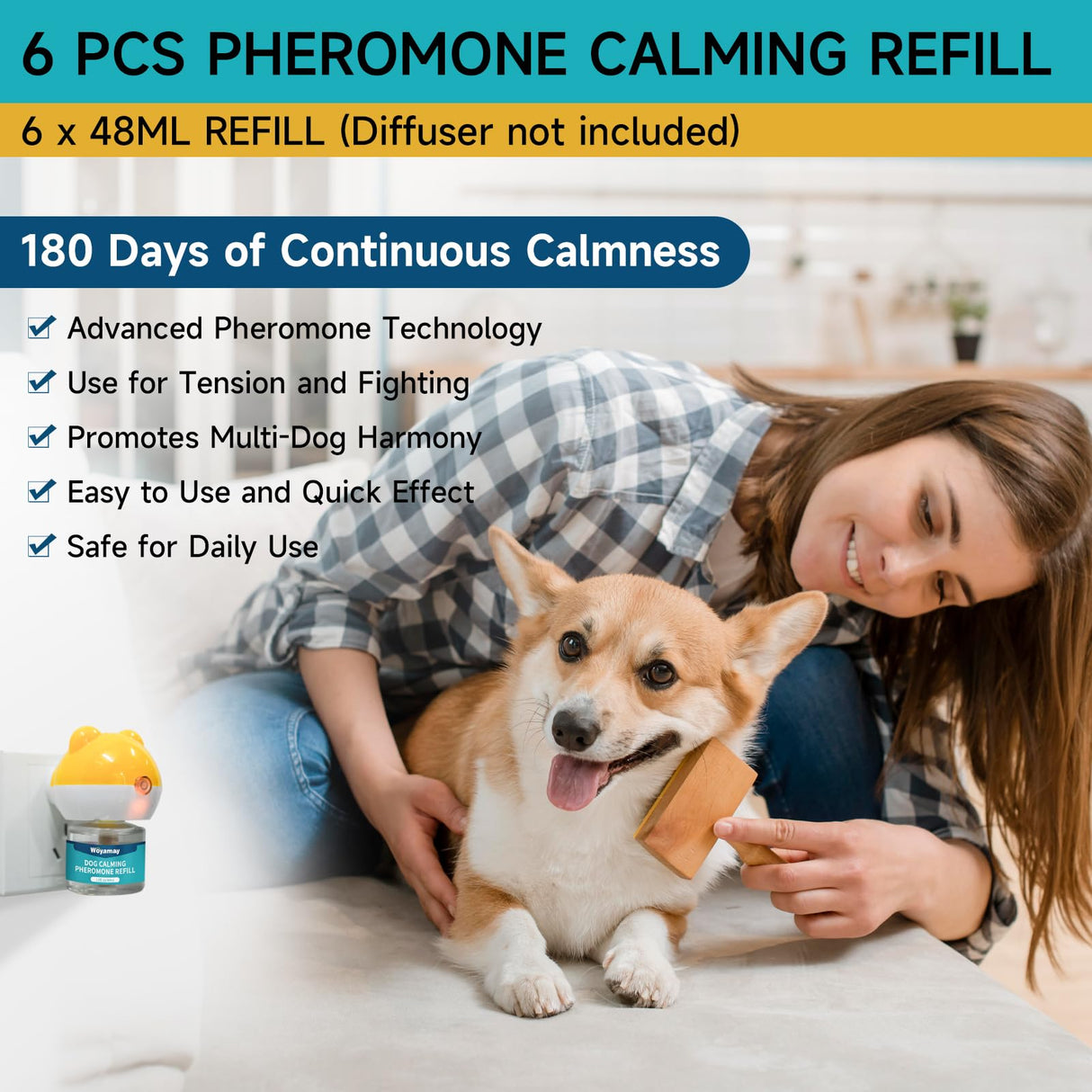 Woyamay Dog Calming Diffuser Refills - 6 Pack Dog Pheromones Calming Diffuser for Dog Anxiety Relief, Dog Pheromone Diffuser, 180 Days Pheromone Diffuser to Calm Dogs, Fits All Common Diffuser Heads