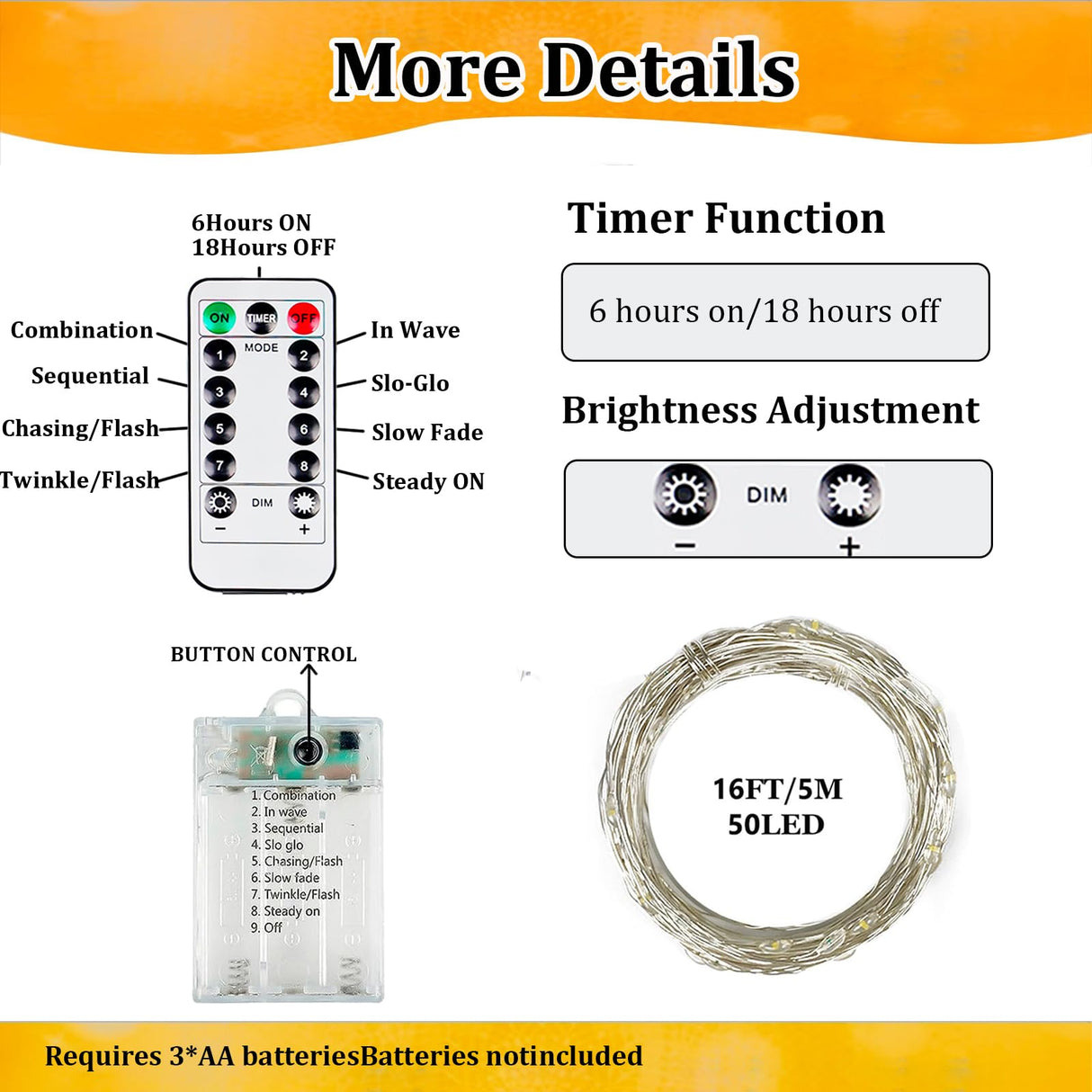 4-Pack 50 LED Fairy Lights Battery Operated with Remote Control Timer, 16 FT 50 LED String Lights Outdoor Indoor, 8 Mode Twinkle Lights for Christmas Wedding Birthday Party Bedroom Décor (Warm White)