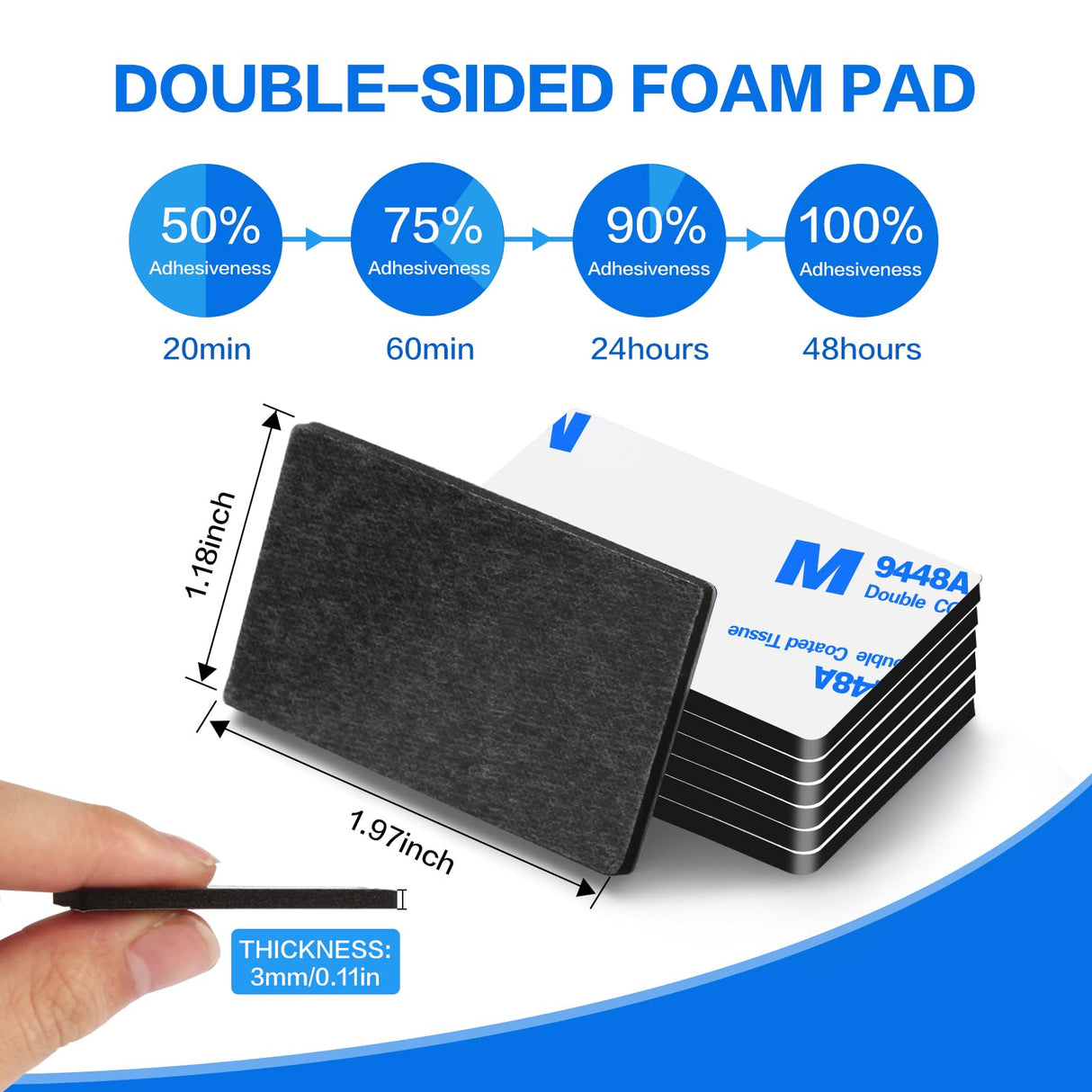 Moeey Double Sided Adhesive Pads,Heavy Duty Mounting Tape,48Pcs 3mm Thickness Pre-Cut Foam Tape,Super-Sticky Black Strong Pads Rectangle Shape Waterproof for Walls Picture, Car, Home, Office
