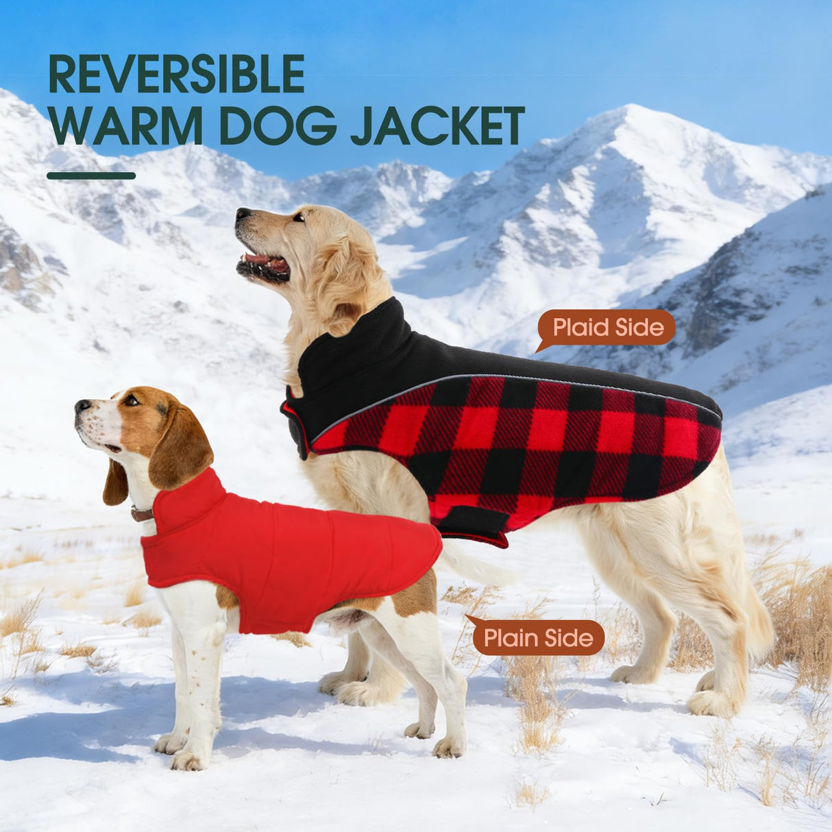 Kuoser Dog Winter Coat, Reversible Waterproof Dog Jacket with Reflective Strip, Warm Dogs Fleece Vest Adjustable Doggy Cold Weather Clothes Plaid Christmas Outfit Pet Apparel for Large Dogs, Red L