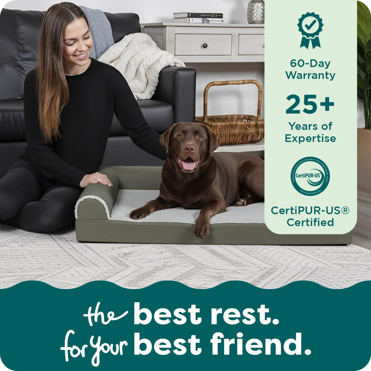 FurHaven Orthopedic Dog Bed for Large Dogs, L-Shaped Chaise Mattress with Orthopedic Egg Crate & Solid Orthopedic Foam Base for Joint Support, Washable Cover, Jumbo XL, Faux Fur & Suede, Dark Sage