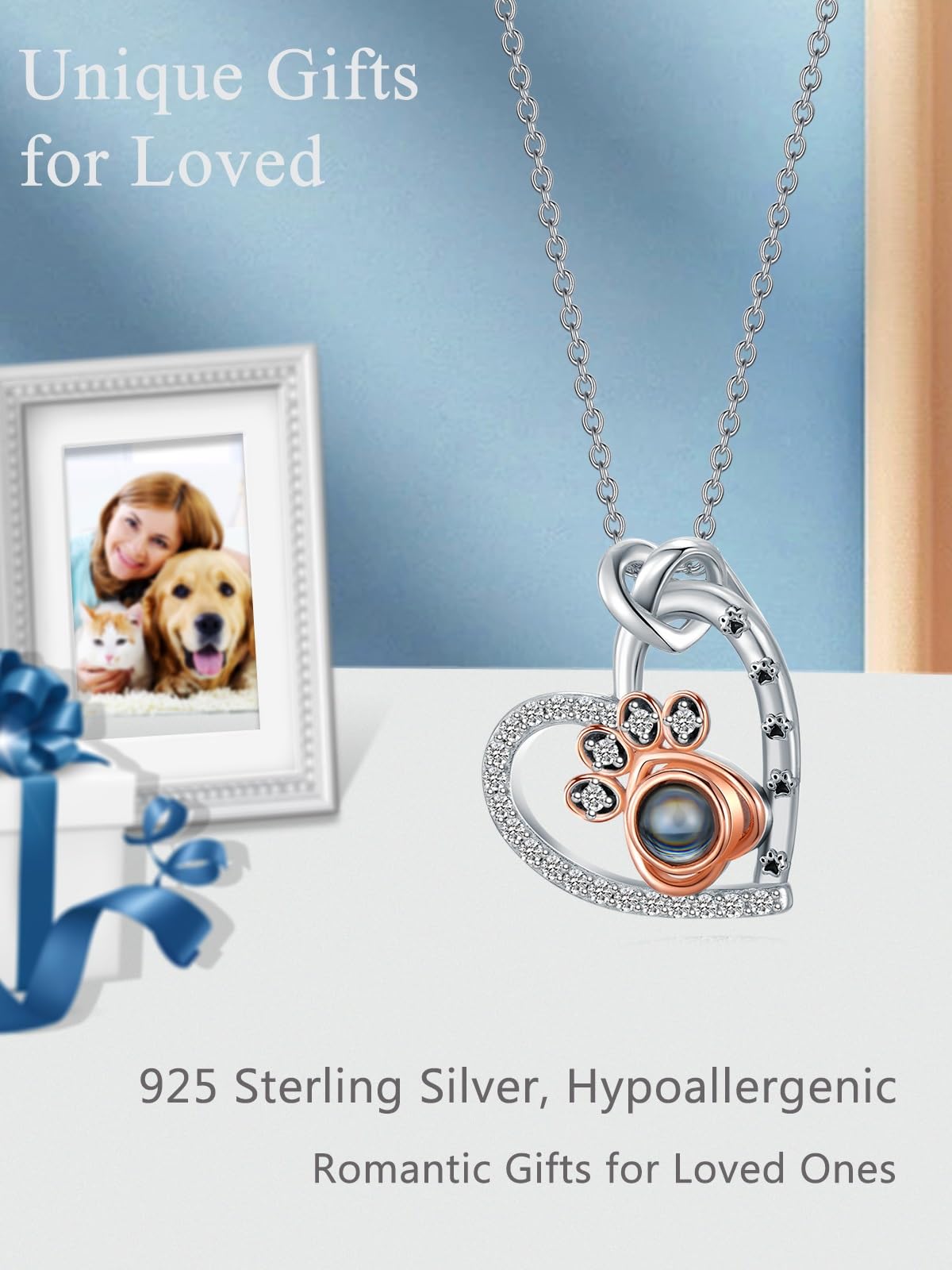 Dorunmo Personalized Photo Necklace Dog Cat Pet Picture 925 Sterling Silver Projection Pendant Gifts Paw Print Necklace for Dog Cat Pet Memorial for Women Lover