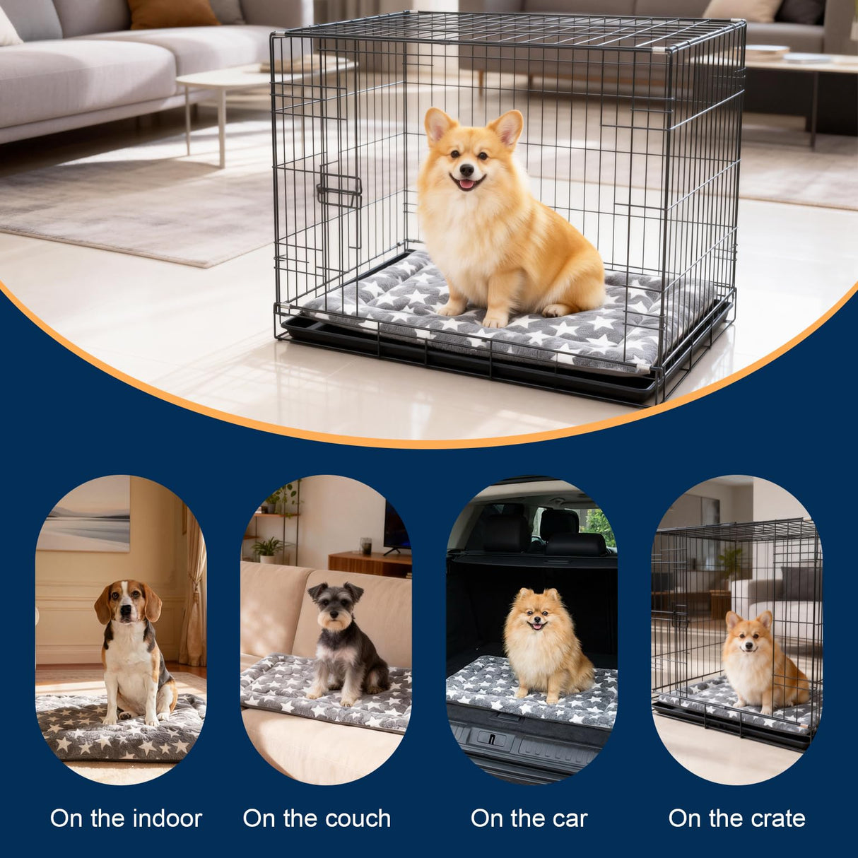 ROFKISS Washable Dog Bed Mat With Anti-Slip Bottom, Deluxe Plush Memory Foam Crate Pad & Waterproof Outdoor Kennel Mat For Dogs & Cats-Durable Crates Beds, Large Medium Small Puppy Size 30" x 20",Gray
