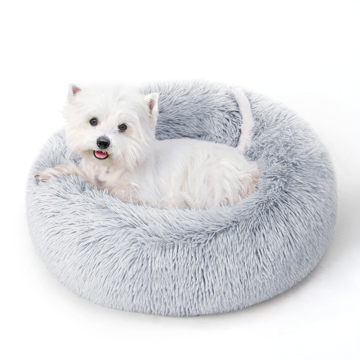 Calming Dog Bed & Cat Bed with Anti-Slip Bottom, Medium Size Washable Anti-Anxiety Donut Dog Beds for Medium Dogs, Fluffy Plush Cozy Round Dog Bed(27 Inch, Light Grey)