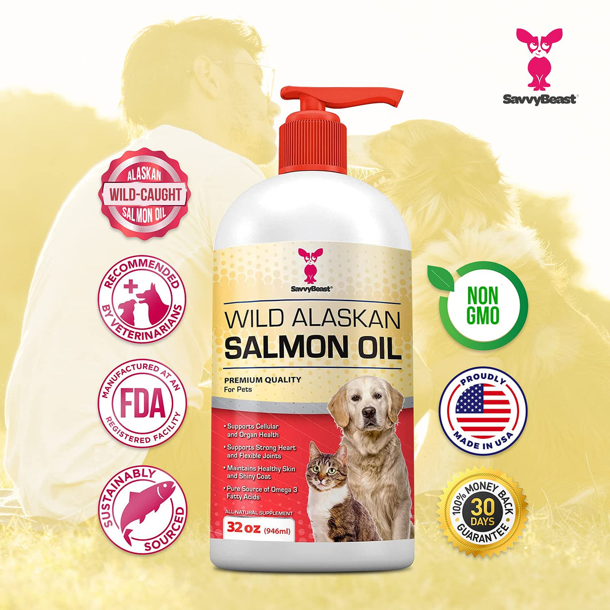 SavvyBeast Wild Alaskan Salmon Oil for Dogs, Cats & Ferrets – Omega-3 Fish Oil Pet Supplement with EPA & DHA – Supports Skin, Coat, Joints, Heart, Brain, Itch Relief & Immune – Unscented – 32 oz