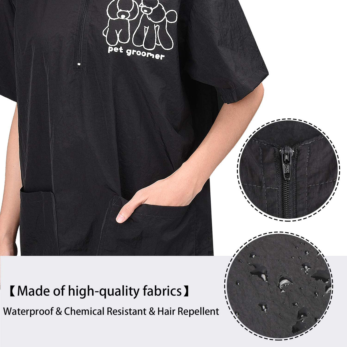 Noverlife Short Sleeves Pet Grooming Smock with 2 Pockets, M Size, Splash Proof Anti-Static Pets Beautician Work Clothes, Dog Cat Groomer Cosmetologist Uniforms for Pet Shop Men Women