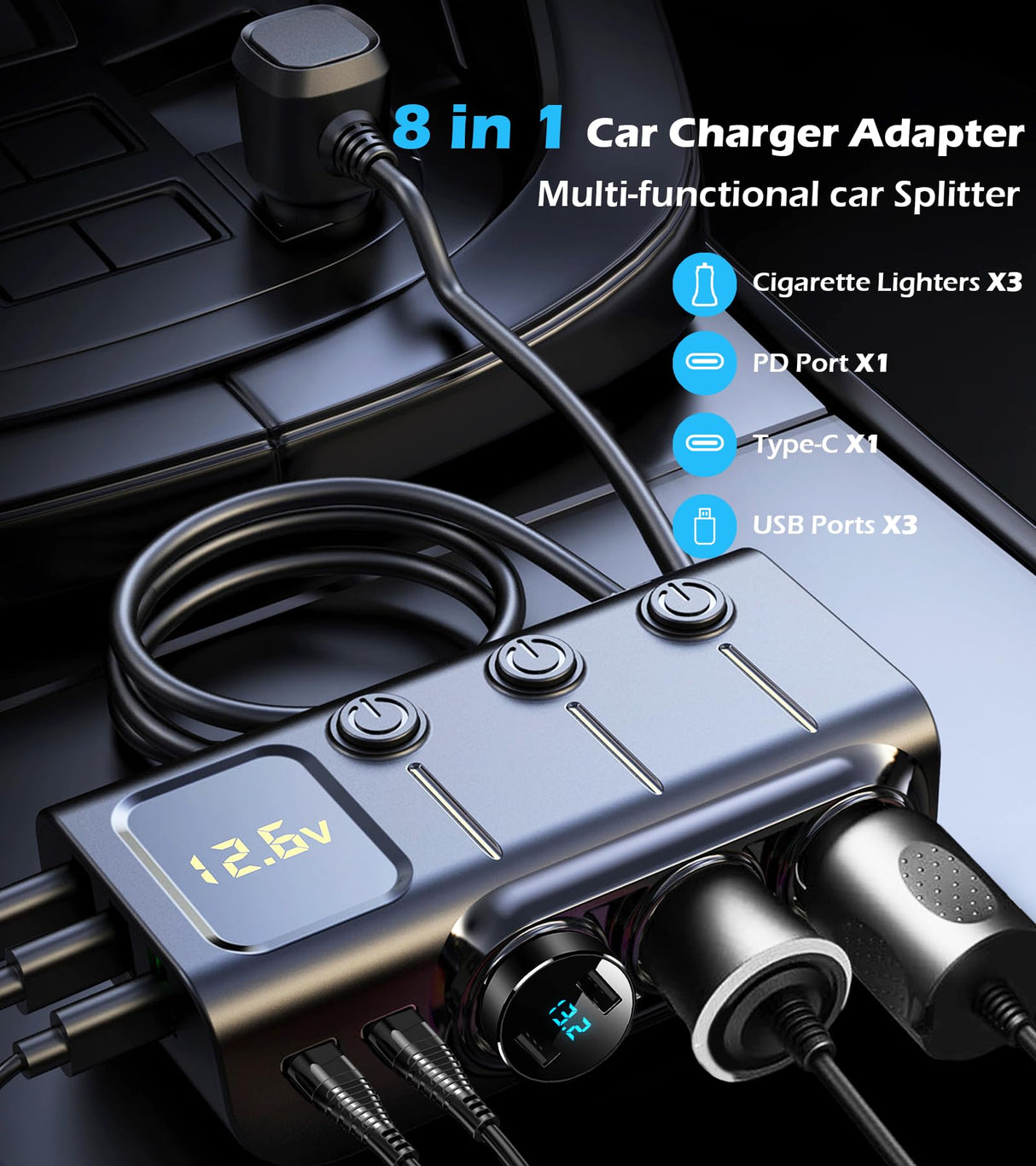 Car Cigarette Lighter Splitter 8-in-1,120W 3-Socket Adapter & 5 USB with Master Power Switch,Prevents Battery Drain,PD36W USB-C Fast Charge,3.3FT Cord & LED Meter for Dashcam, RVs,Older Cars
