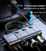 Car Cigarette Lighter Splitter 8-in-1,120W 3-Socket Adapter & 5 USB with Master Power Switch,Prevents Battery Drain,PD36W USB-C Fast Charge,3.3FT Cord & LED Meter for Dashcam, RVs,Older Cars
