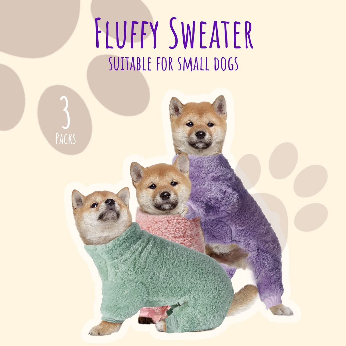 Reginary 3 Pieces Dog Pajamas Puppy Clothes Winter Coats Elastic Pajamas for Puppy Fluffy Jumpsuit Fleece Sweater for 4 Legs Dog Bodysuit(Small,Pink, Purple, Green)