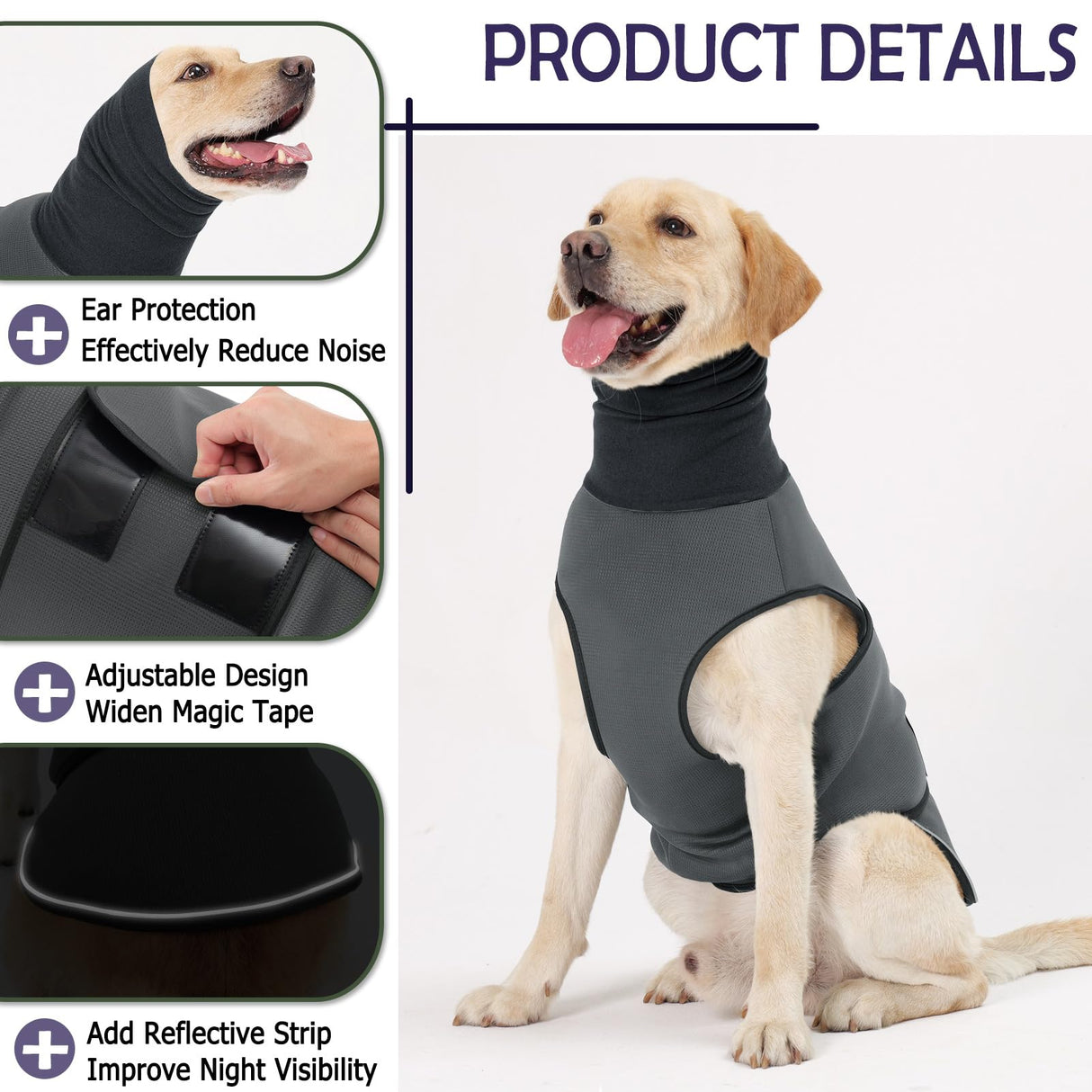 KOESON Dog Calming Hoodie, Pet Thunder Jacket with Ear Wrap, Breathable Dog Anti-Anxiety Vest for Thunder, Fireworks, Travel, Separation, Comfort Pet Anxiety Relief Wrap, Grey M