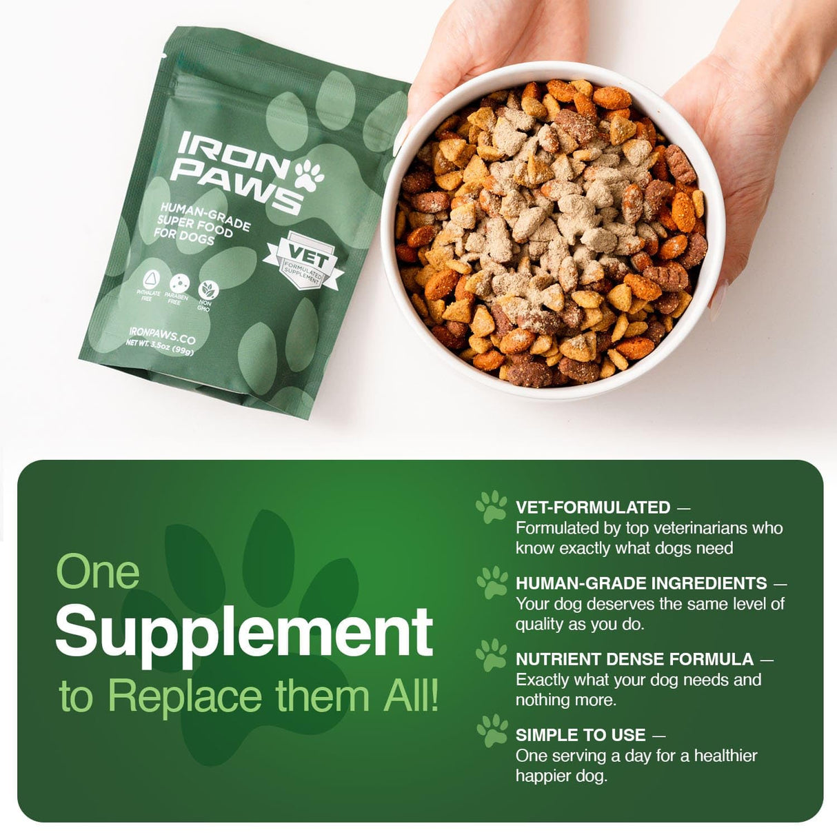 Iron Paws Human-Grade Superfood For Dogs, Premium Greens Powder Supplement For Dental Health, Longevity, Hip & Joint, Gut Health, Allergies, Immune Support, Skin & Coat - 3.5 oz Nutrient Dense Formula