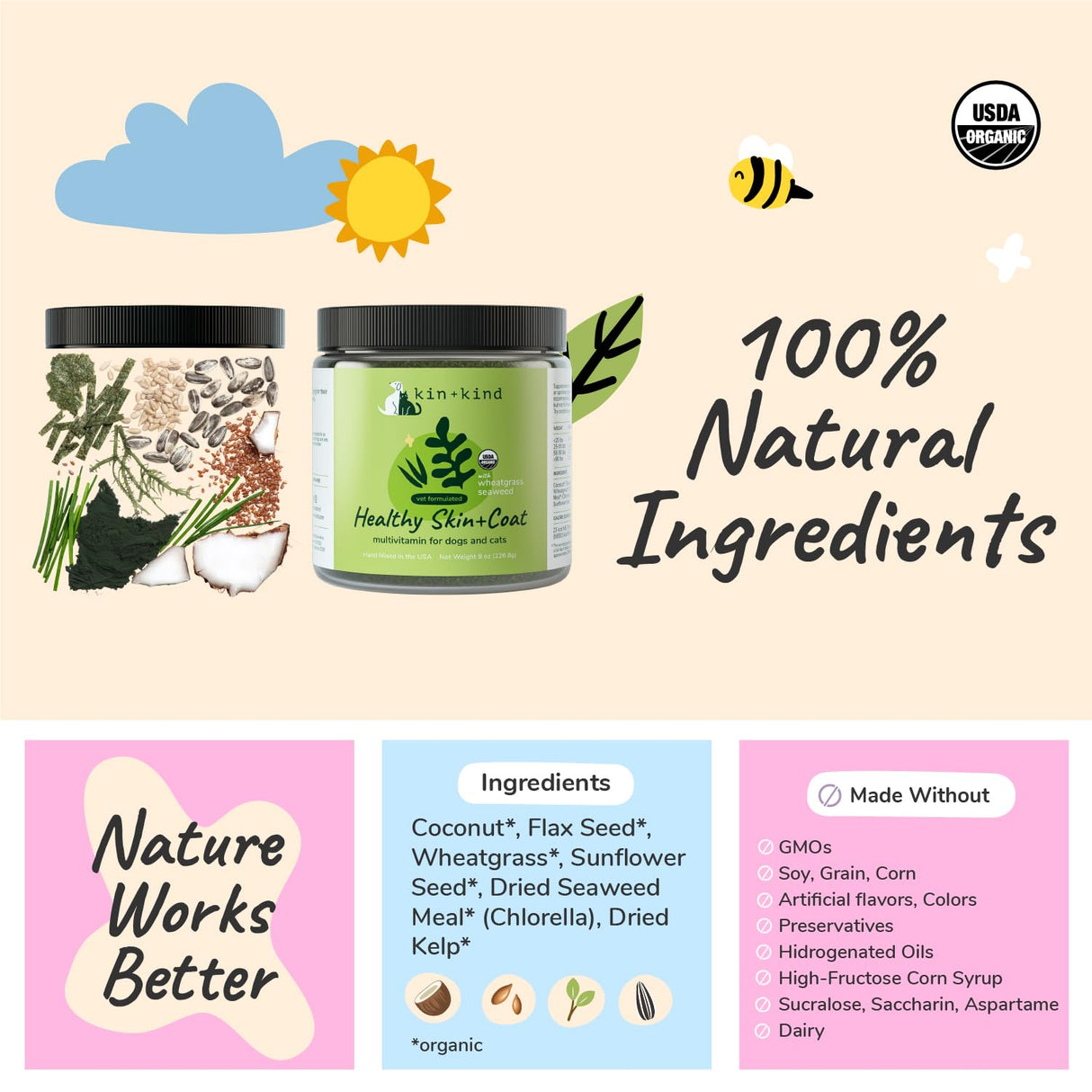 kin+kind Skin and Coat Supplement for Dogs & Cats – Natural Vitamin Supplements with Organic Ingredients for Shiny Fur, Moisturized Skin & Overall Pet Wellness – Dog Essentials & Cat Essentials – 8oz