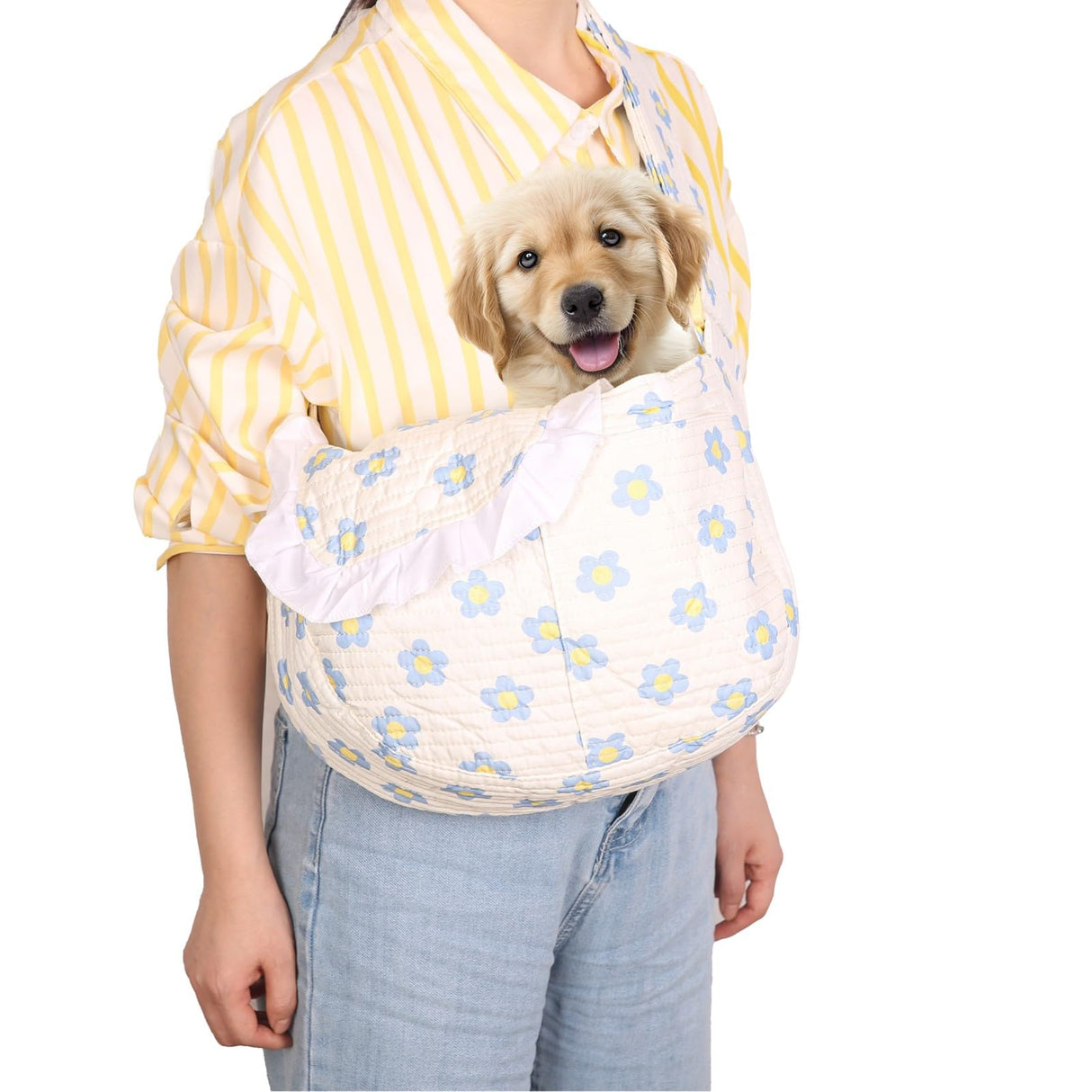 Floral Print Pet Carrier Bag for Small Dogs and Cats, Carry 5-15 Lbs Pet Purse, Hands-Free Design Pet Bags(Blue Floral, Small)