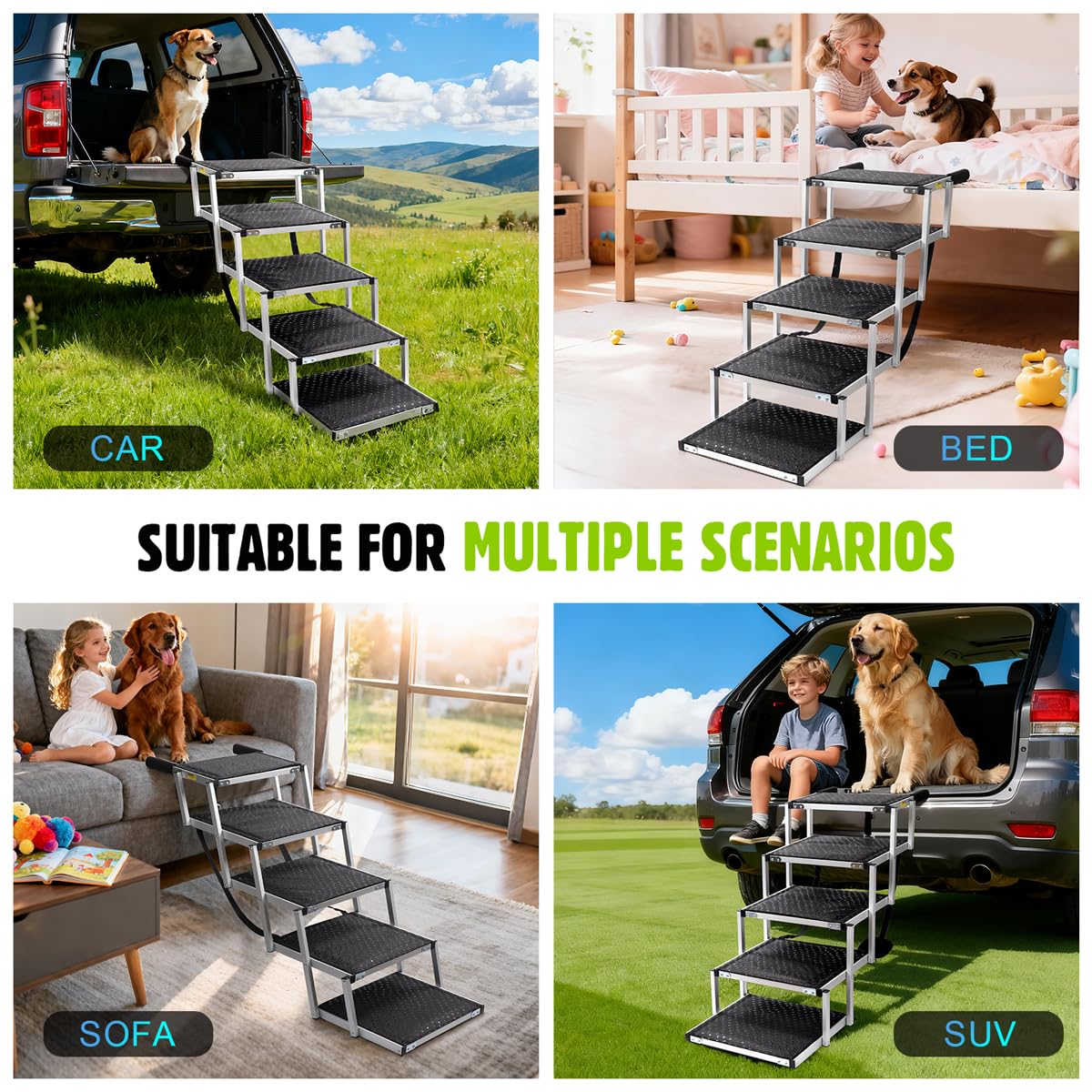 Dog Car Ramp for Large Dogs SUV, 5 Step Folding Dog Stairs with Non- Slip Surface & Reinforced Design, Foldable Pet Stairs Support Up to 200lbs- Suitable for SUV, Truck, Sofas, Bed