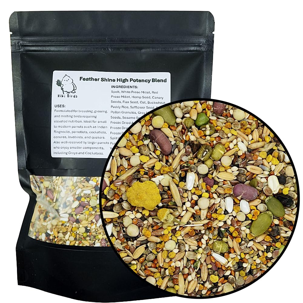 KikiBirds Feather Shine High Potency Blend with Bee Pollen & Freeze-Dried Sprouts - Premium Parrot Food for Molting, Breeding & Growth - Omega Rich | 17.5% Plant Protein | USA-Made