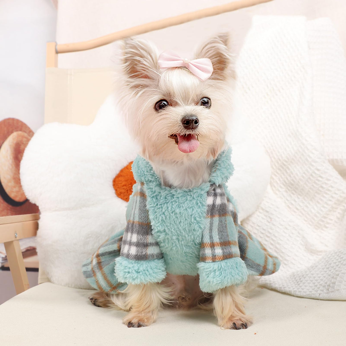 Dog Hoodie Dress Winter Pet Sweaters for Small Dogs Girl Cold Weather Warm Puppy Dresses Plaid Pet Clothes Outfits for Chihuahua Yorkie Teacup Cat Skirt Coat Apparel Clothing (X-Small, Blue)