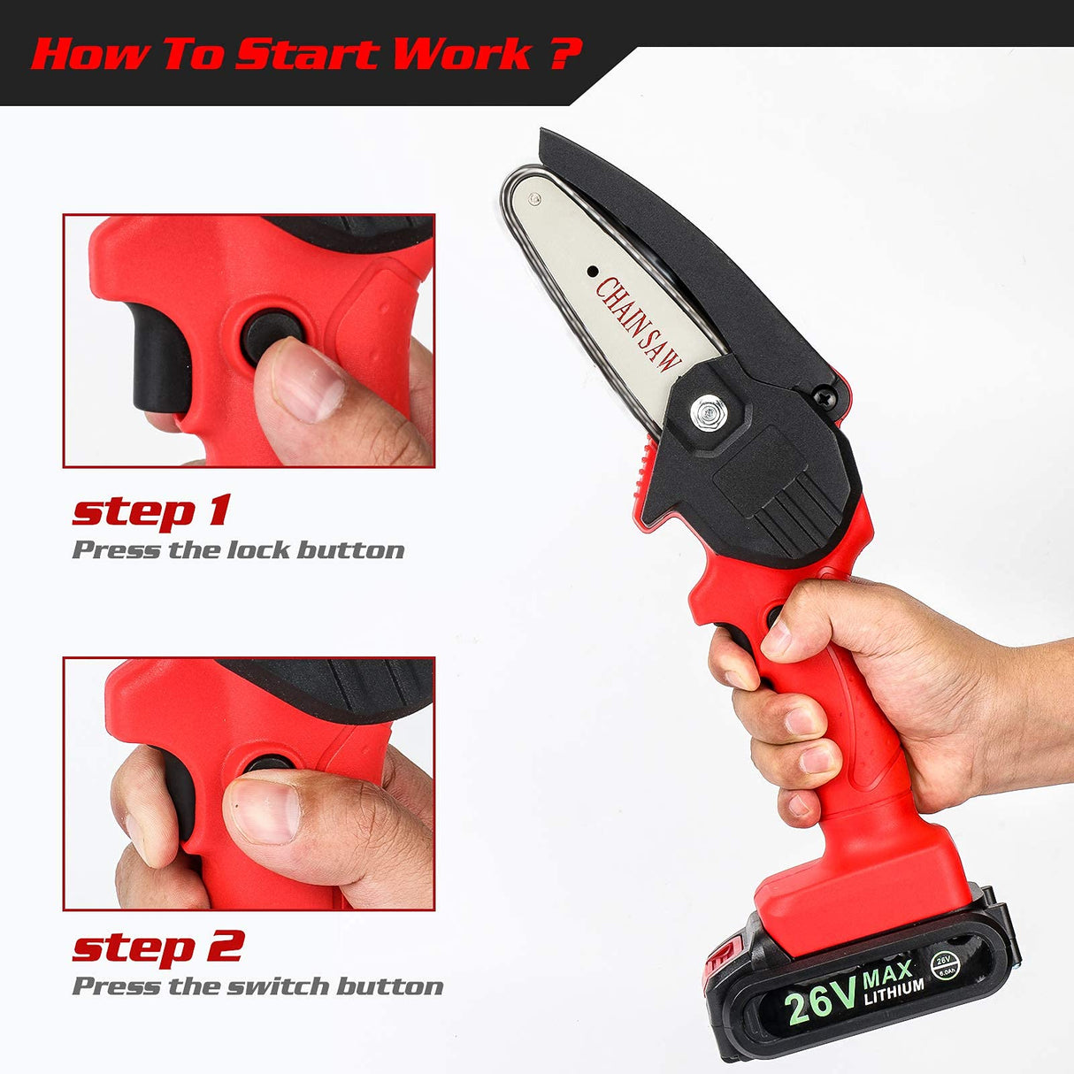WISCKY Mini Chainsaw Cordless Power Electric-Chain-Saws - 4 Inch Battery Power Chainsaw Small Portable One-Hand Handheld, 26V Rechargeable Operated, for Tree Trimming and Branch Wood Cutting