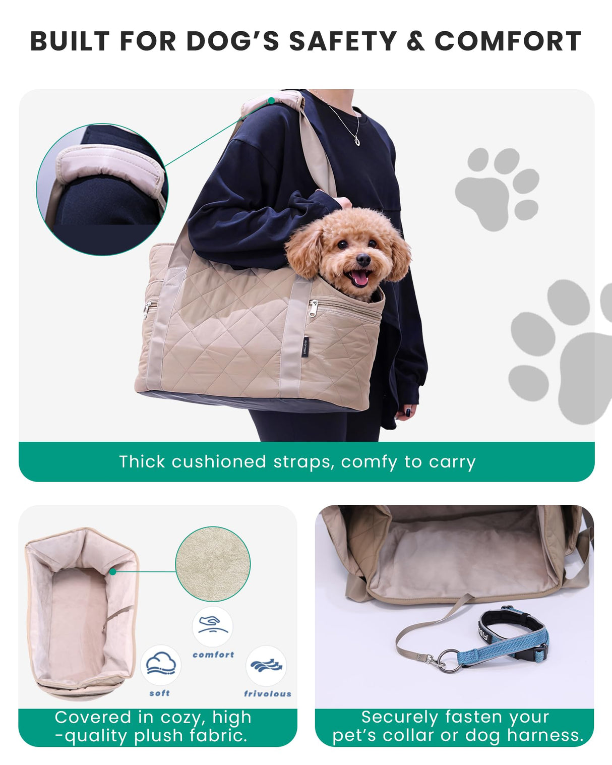Lightweight Dog Purse Carrier for Small Dogs up to 15 lbs, Dog Tote Bag Puppy Carrier, Soft Plush Interior, Safety Leash Clip, 4 Side Pockets Dog Carrier Bag for Travel & Walking, Camel