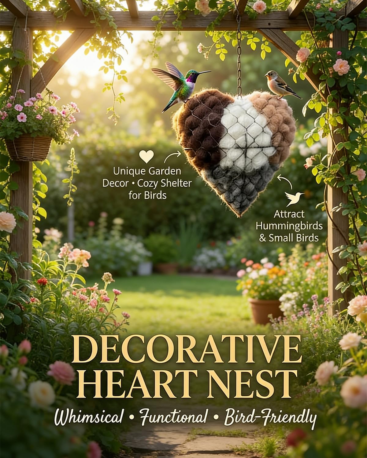 gbdyhup Handmade Alpaca Fiber Bird Nesting Heart, Outside Winter Tree Shelter for Wild Bird, Birds Nests Material Holder for Garden Art Birdhouse, Hummingbird Houses Nest Boxes for Birds Lovers (1PC)
