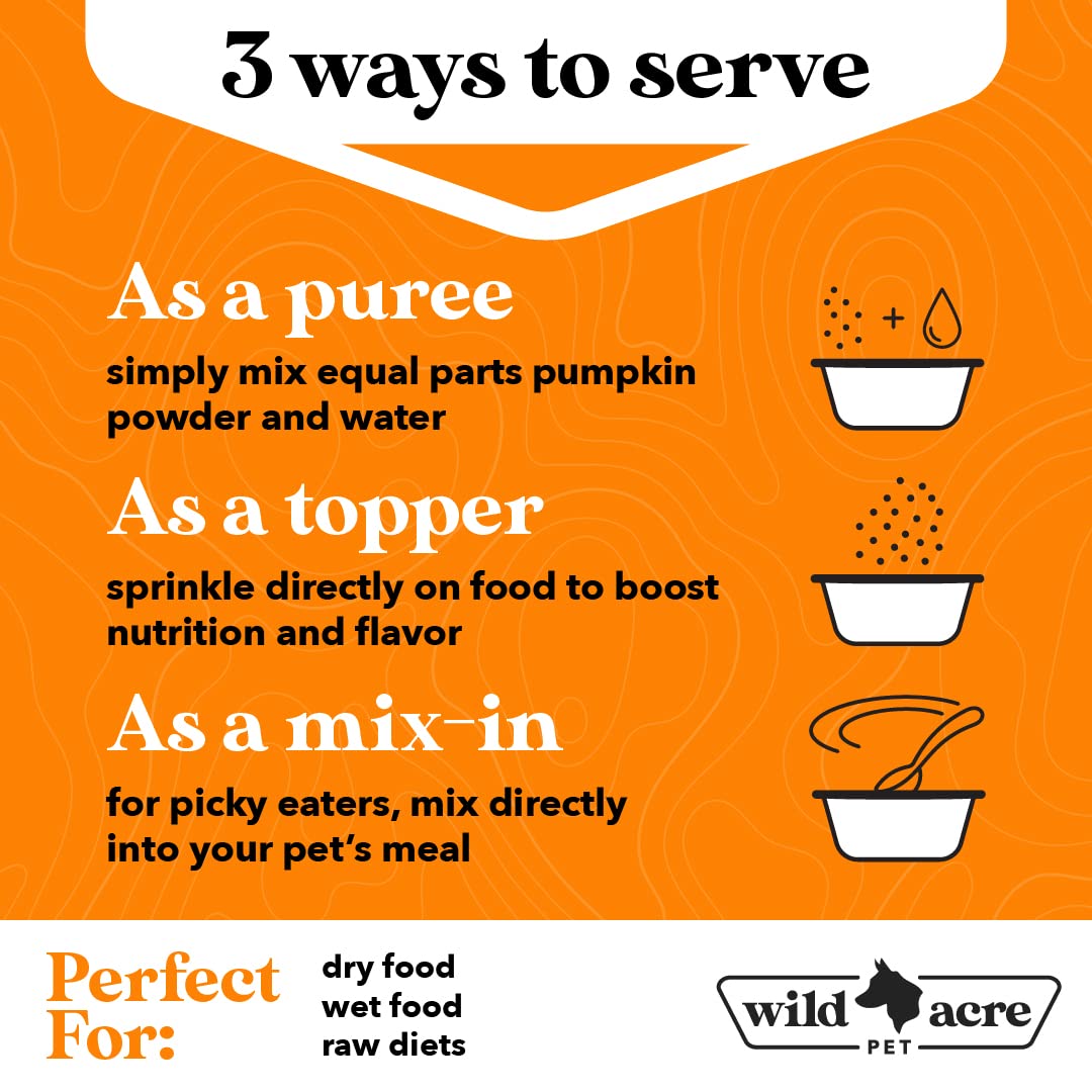 Wild Acre Pumpkin Powder for Dogs - No More Diarrhea or Scoots! - Digestive Puree Treat or Food Topper - Fiber Supplement for Dogs with Prebiotics, 16oz