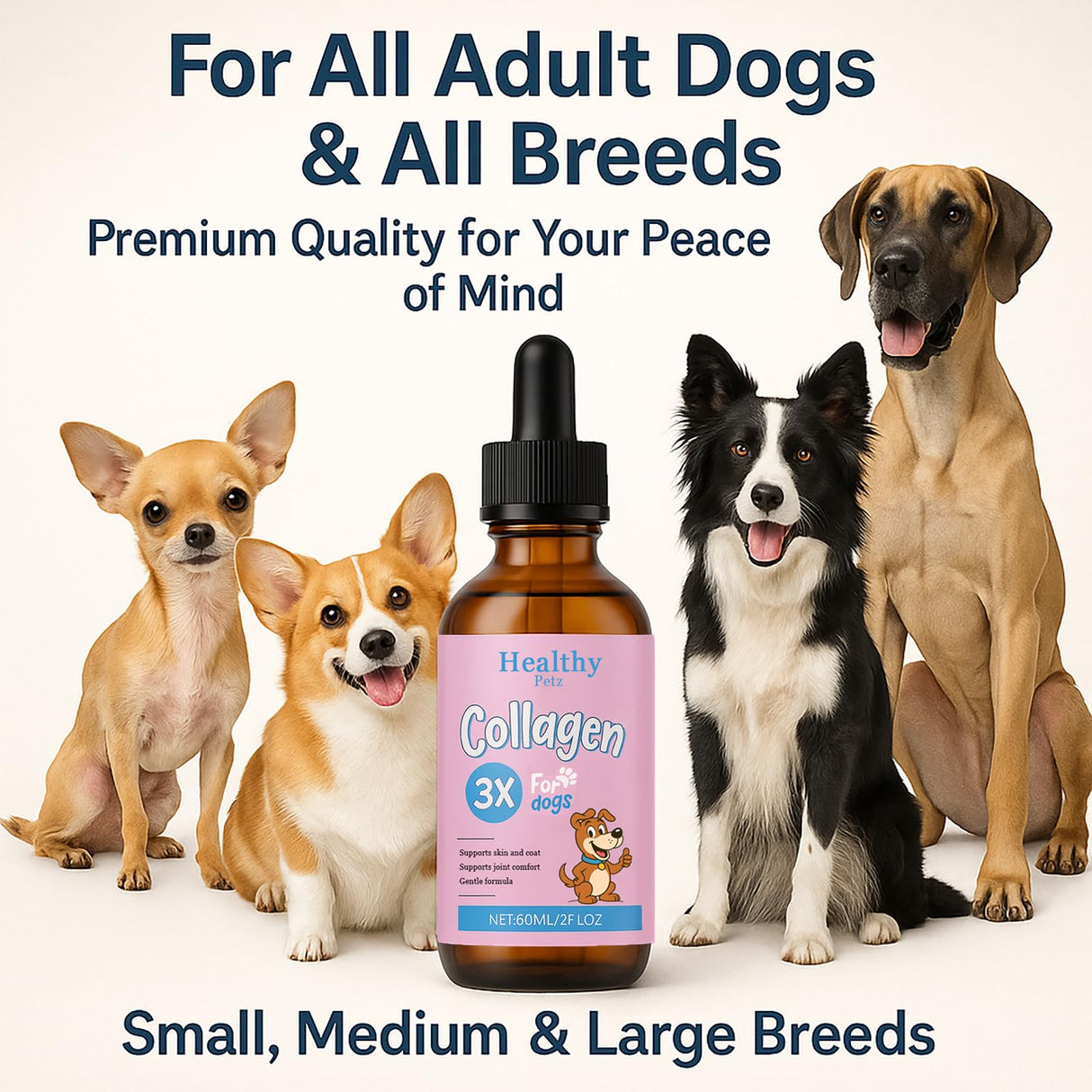 Healthy Petz Premium Liquid Collagen for Dogs - Skin & Coat Supplement with Hyaluronic Acid & Biotin, Supports Joint Health, Mobility & Hydration for All Dogs, Bacon Flavor - 2 fl oz (1)