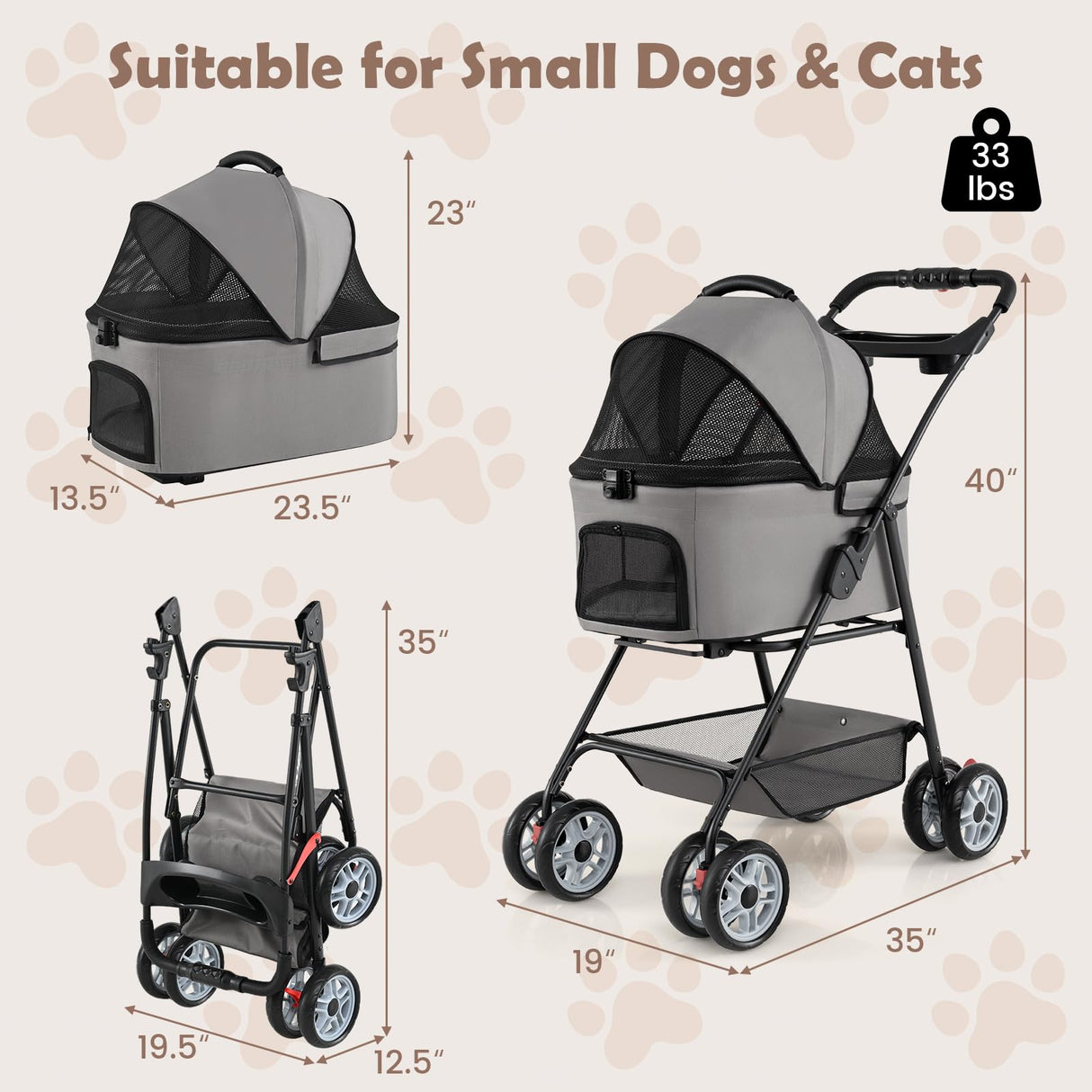 PETSITE 4 Wheels Pet Stroller, One-Click Foldable Dog Strollers for Small Dogs with Detachable Carrier, Breathable Mesh, Waterproof Cover, Storage Basket, Cup Holders, Ideal for Dogs Cats up to 33 lbs