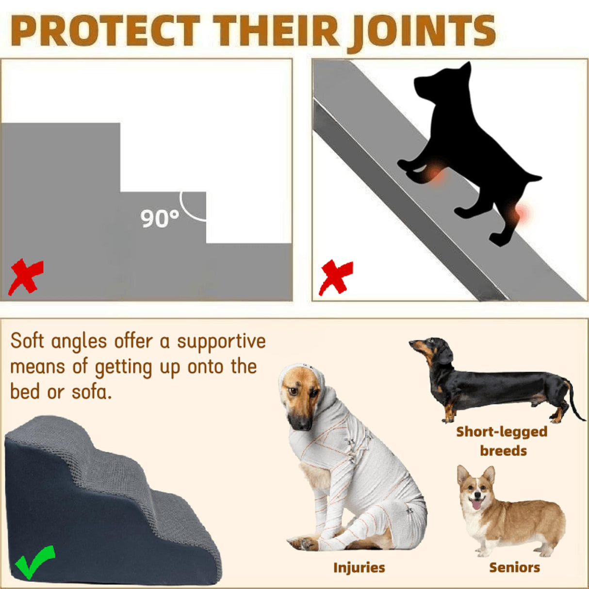 Dog Stairs & Pet Ramp for Small/Large Dogs to High Beds/Couches - 5 Steps 24-inch Height for 18-30 inch Furniture, 2 Washable Covers (Brown, Grey), Non-Slip Balanced 33D Design for Old Dogs & Cats