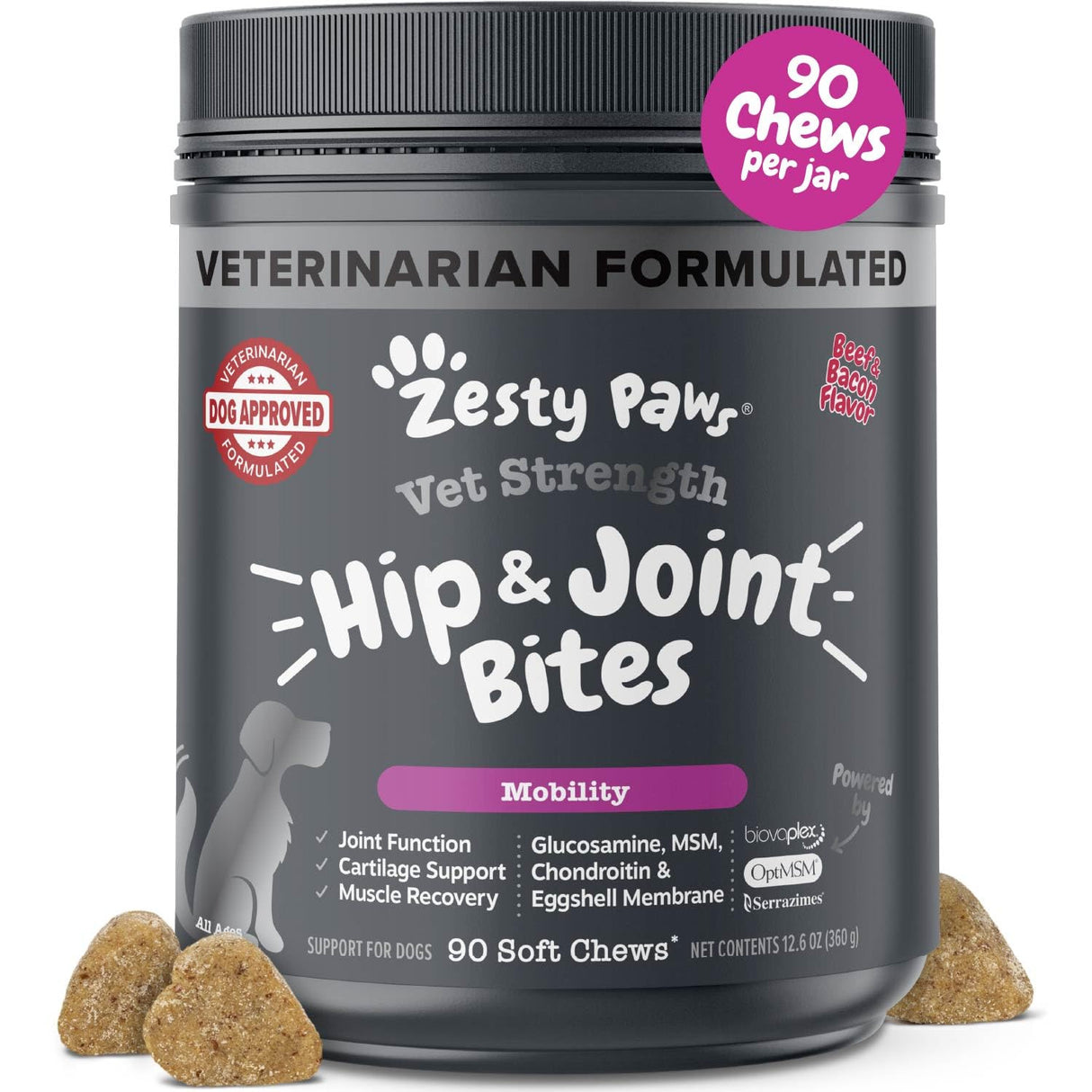 Zesty Paws Vet Strength Mobility Bites Beef & Bacon Flavor Hip & Joint Support Chews for Dogs with Glucosamine, Chondroitin, MSM, Hyaluronic Acid & Serrazimes - 90 Count