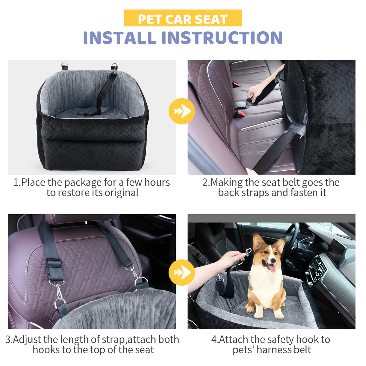 Dog Car Seat for Small/Medium Dogs, Upgrade Dog Booster Seat,Detachable and Washable Pet Car Seats with Thick Cushion Safety Leash and Storage Pockets(Black/Grey)