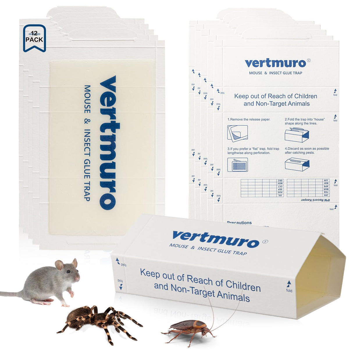 vertmuro Mouse Glue Traps, 12 Pack Rat & Pest Glue Scented Sticky Trap, Foldable Bulk Non-Toxic Indoor Mouse Glue Boards for Rodents and Insects, Easy to Use Pest Control, Blue