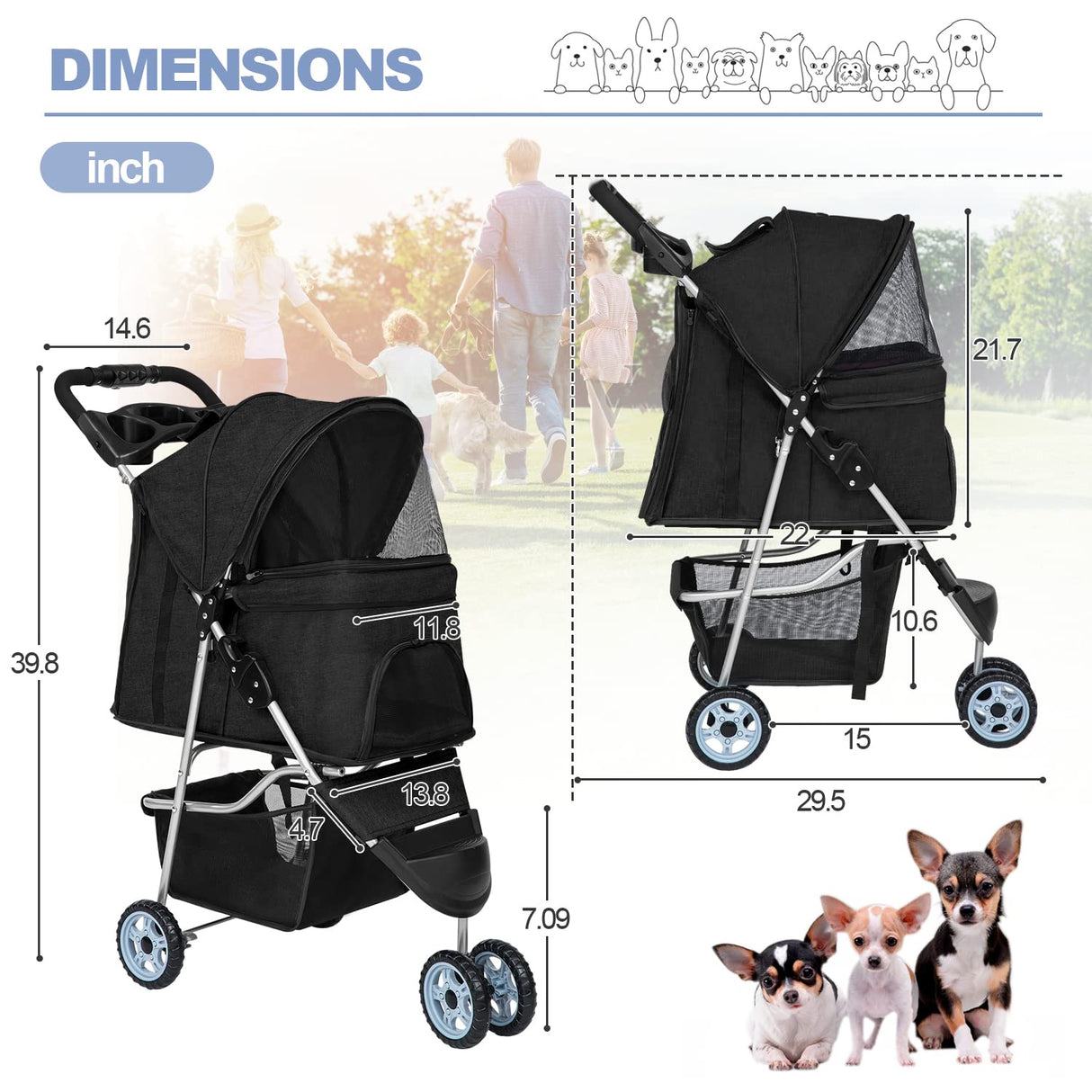 BestPet Pet Stroller Dog Cat Jogger Stroller for Medium Small Dogs Cats Folding Lightweight Travel Stroller with Cup Holder (Black, 3 Wheels)