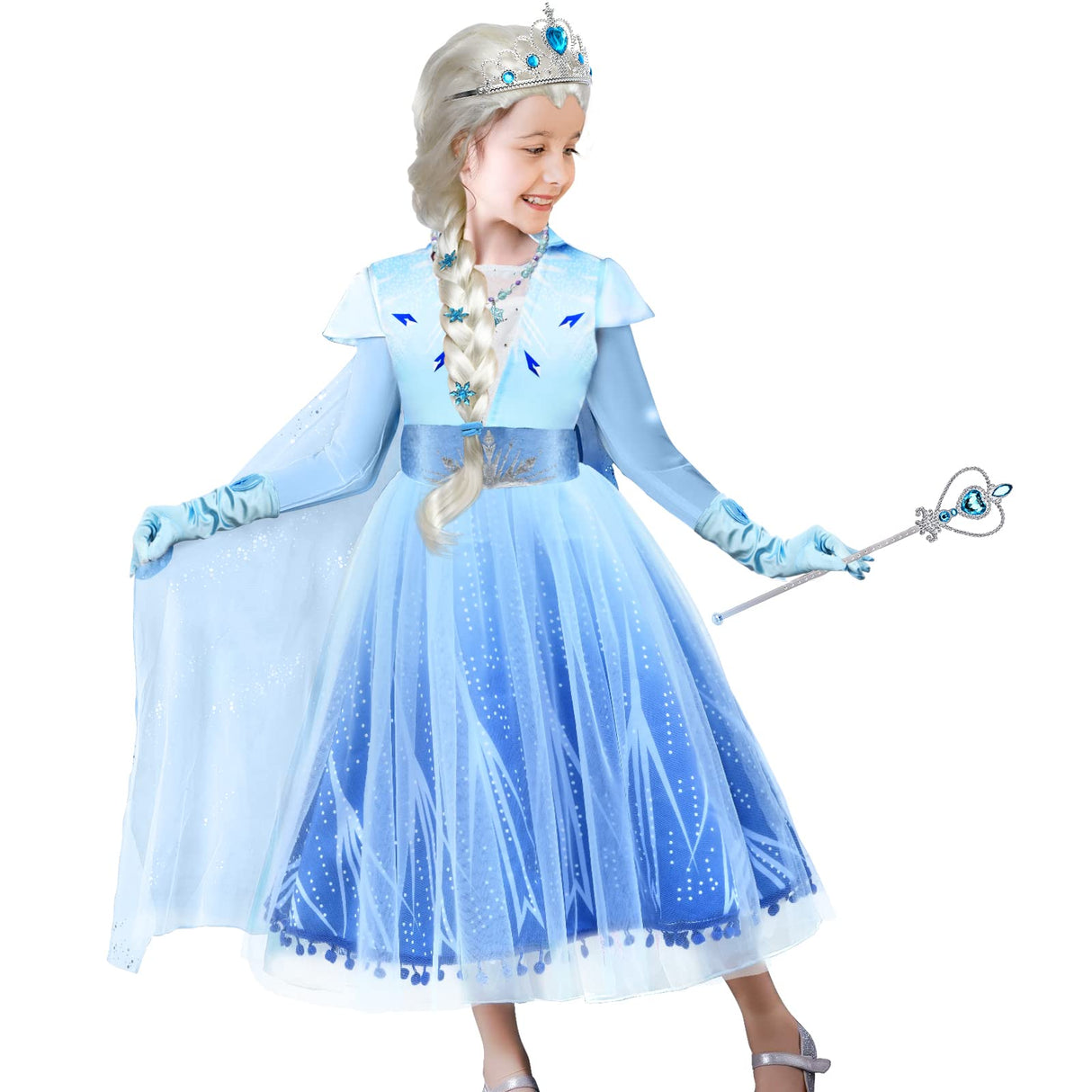 Tacobear 10Pcs Frozen Elsa Costume Dress For Girls Kids Toddler Princess Dress Up Clothes For Little Girls With Elsa Accessories Gloves Crown Wands Wig Necklace For 3T Kids Christmas Birthday Party