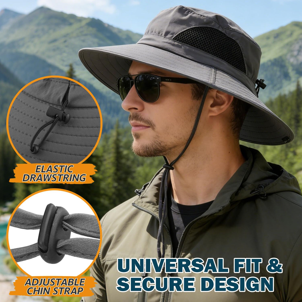 EINSKEY Men's Waterproof Sun Hat, Outdoor Sun Protection Bucket Safari Cap For Safari Fishing Hunting Dark Gray One Size