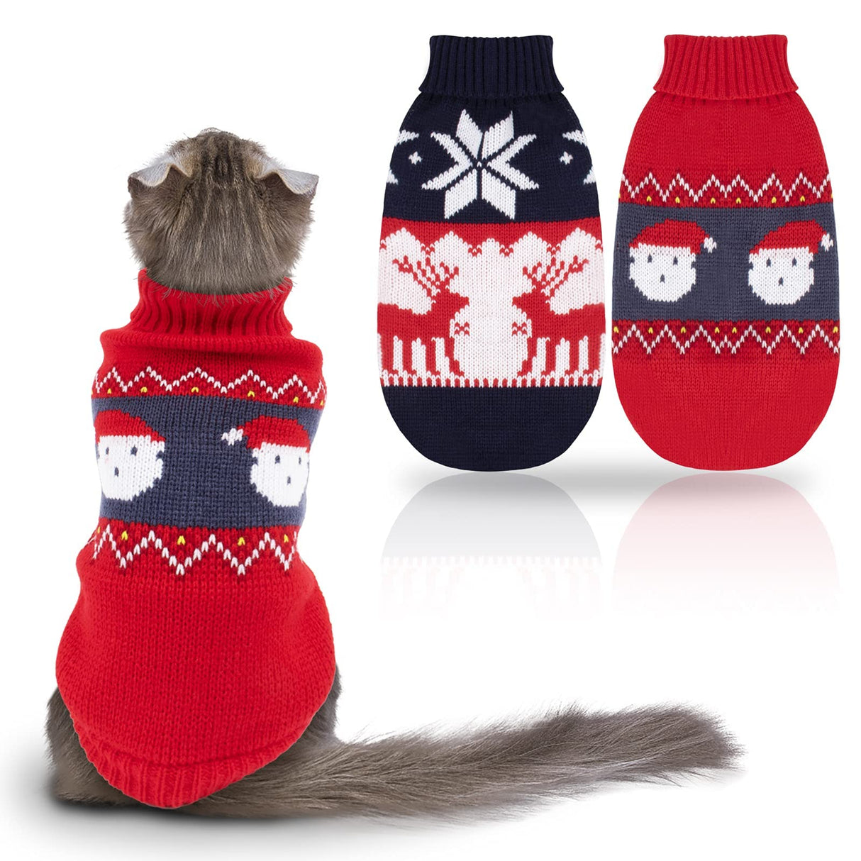 Rypet 2 Packs Cat Christmas Sweater - Puppy Christmas Sweater Pet Turtleneck Knitwear with Reindeer Santa Claus Pattern Sweaters for Kitten and Small Dogs XL