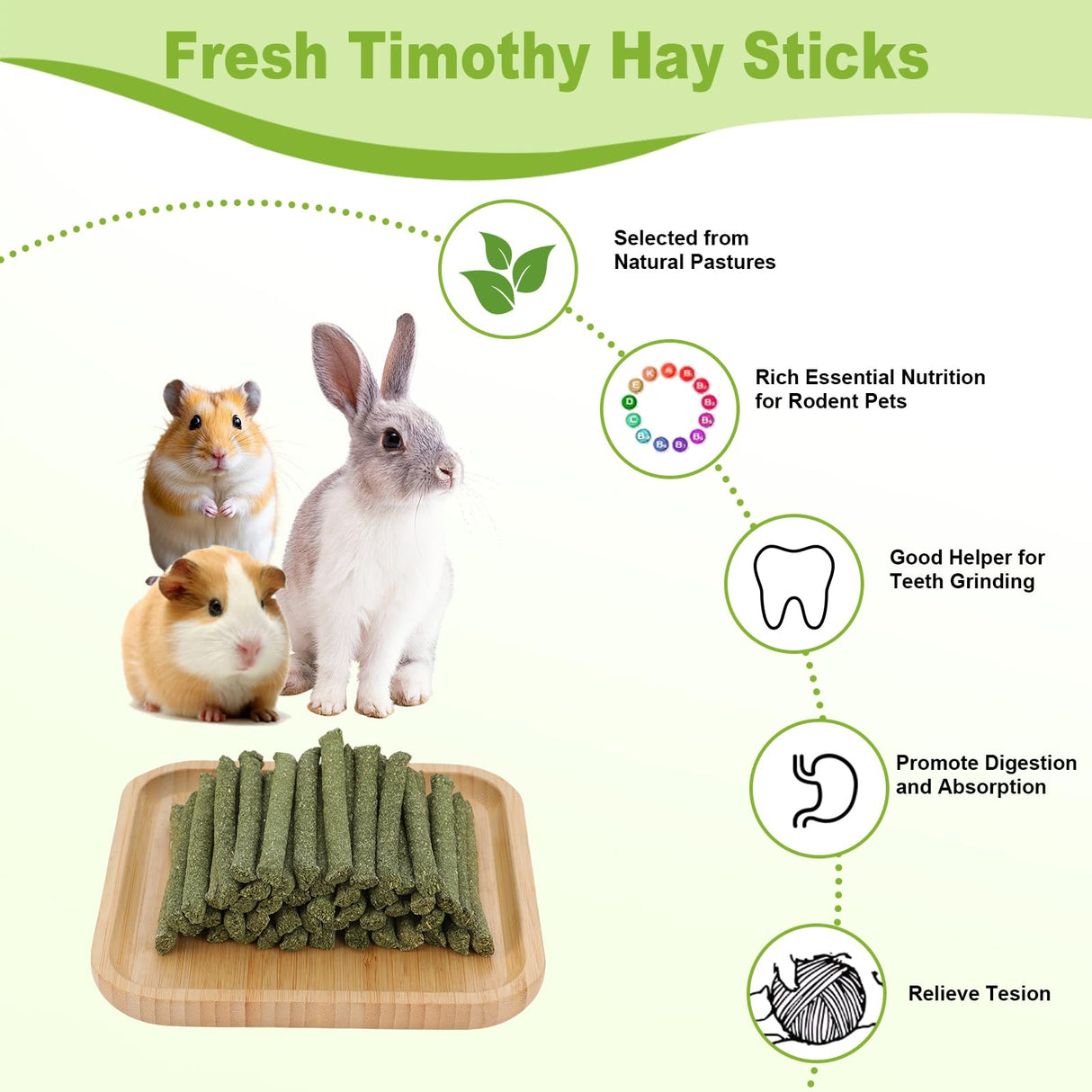 ARTKIDA 100PCS Timothy Hay Sticks for Rabbits Guinea Pigs Chinchillas Chew Treats, Natural Timothy Grass Molar Teeth Stick Bunny Chew Toys for Rabbits Chinchillas Guinea Pigs Hamsters Rodents