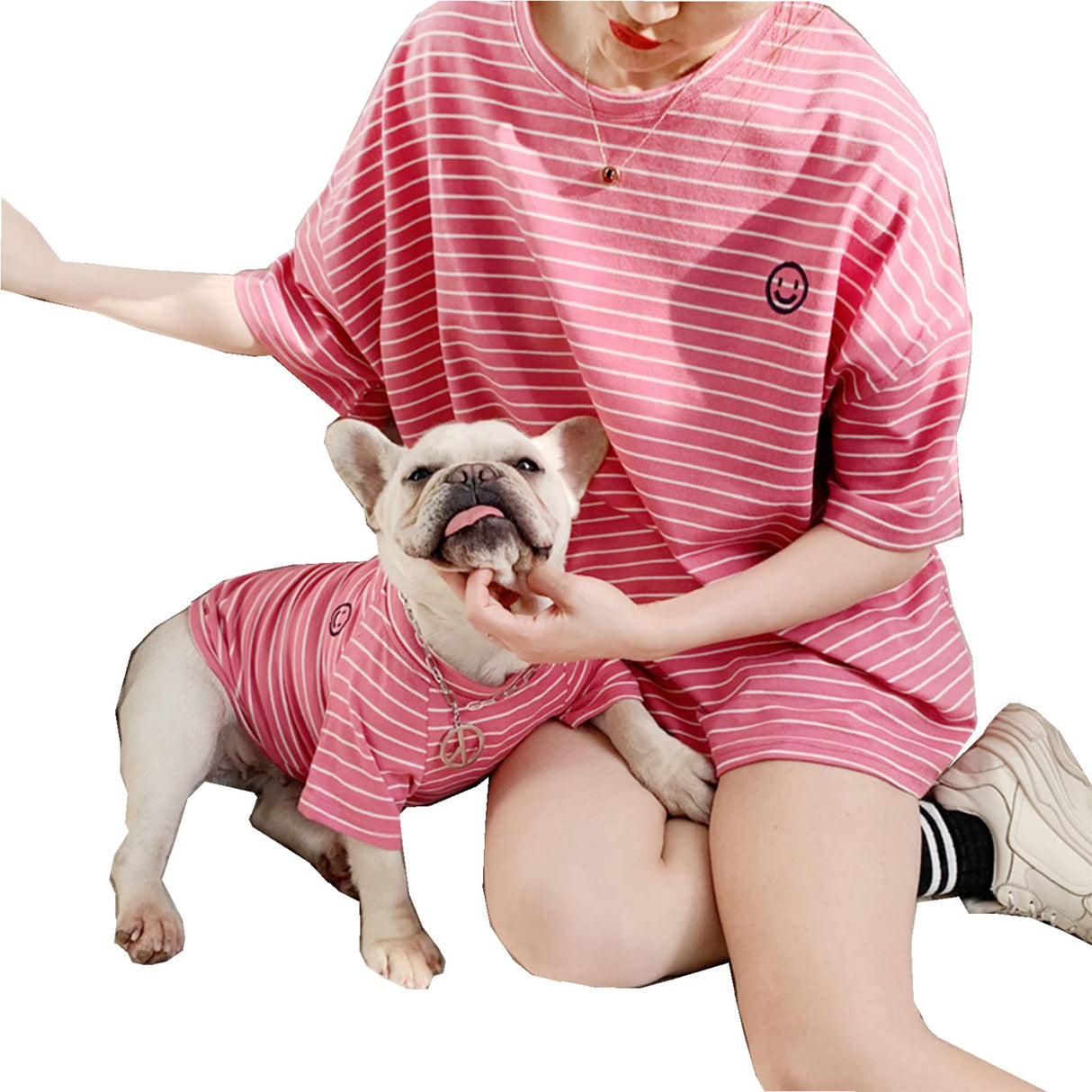 Dog and Owner Matching Clothes,White Striped Dog Shirts Summer T-Shirt Pajamas for Medium Large Dogs with Embroidered Smiley Face(Pink Pet 7XL)