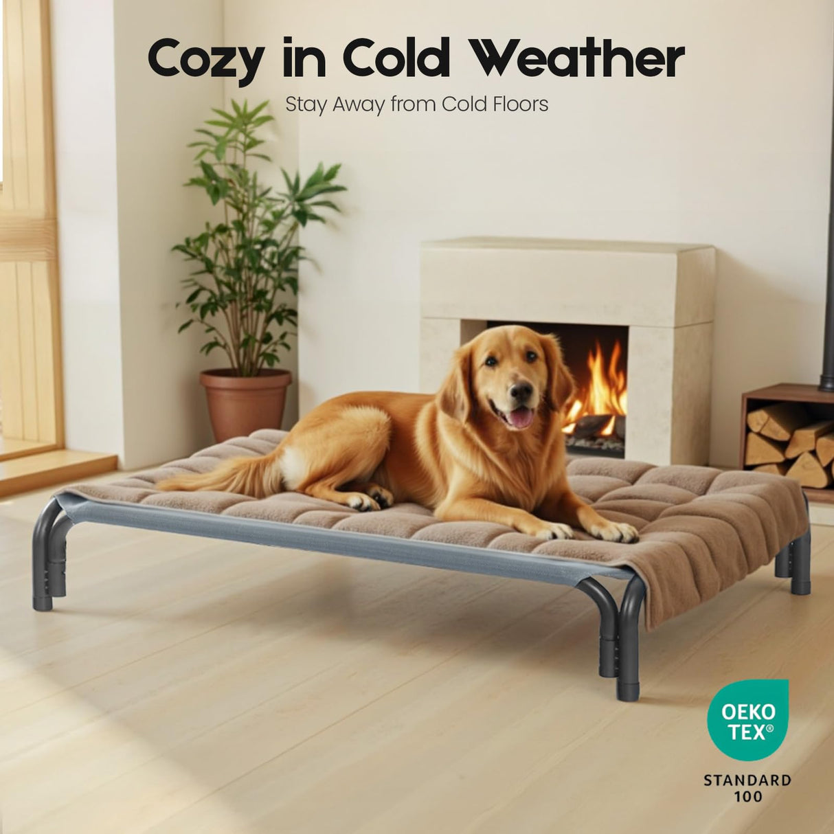 Elevated Dog Bed Raised Outdoor Dog Cot for Large Dogs, Installation Requires No Tools, Frame with Washable Cooling Breathable Mesh Anti-Slip Feet, Indoor Pet Bed, Grey, 43.3 Inches