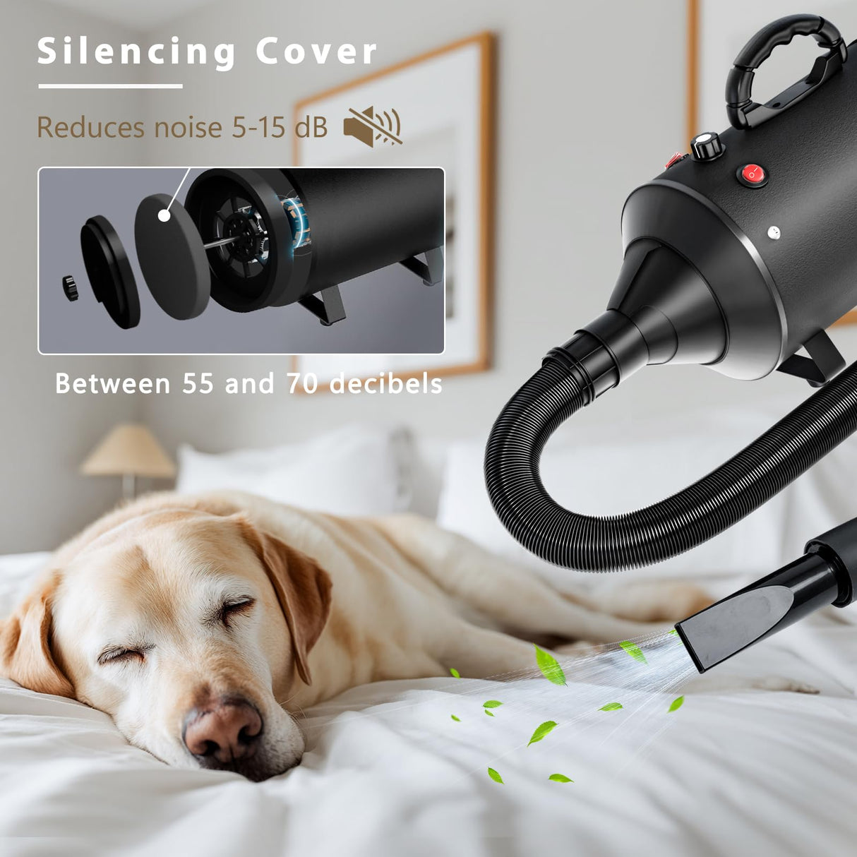 High Velocity Blow Dryer For Dogs, 5.2HP/ 3800W Dog Hair Dryer Speed Temperature Adjustable，Dog Blow Dryer with Thickened Handle,Low Noise Dog Blower Grooming Dryer，4 Nozzles ,1 Massage Brush,Black