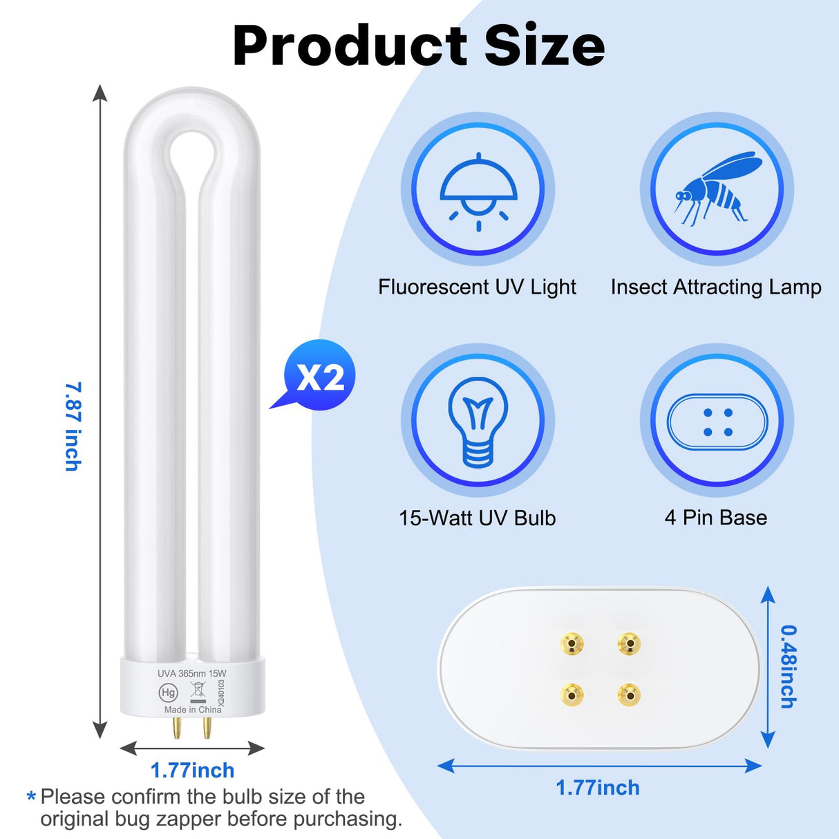 FVOAI X3,T6, T8, T9 Replacement Bulb for Bug Zapper Outdoor,15W,4-pin Single U-Shaped Twin Tube Bulb (White) (White-2)