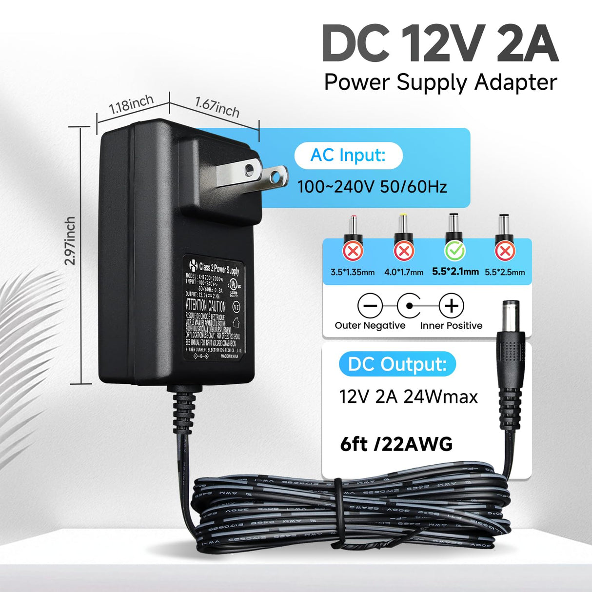 Power Adapter AC 100-240V to DC 12V 2A (2000mA) & 4-Way Power Splitter Cable for CCTV Security Cameras/DVR/NVR/LED Strip Lights/Routers and More, UL/FCC/CE Certificated (6ft)