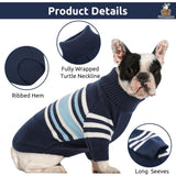 Queenmore Dog Striped Knitted Sweater, Turtleneck Pullover Pet Coat, Dog Winter Clothes with Leash Hole for Small Medium &Large Dogs(Navy Blue,S)